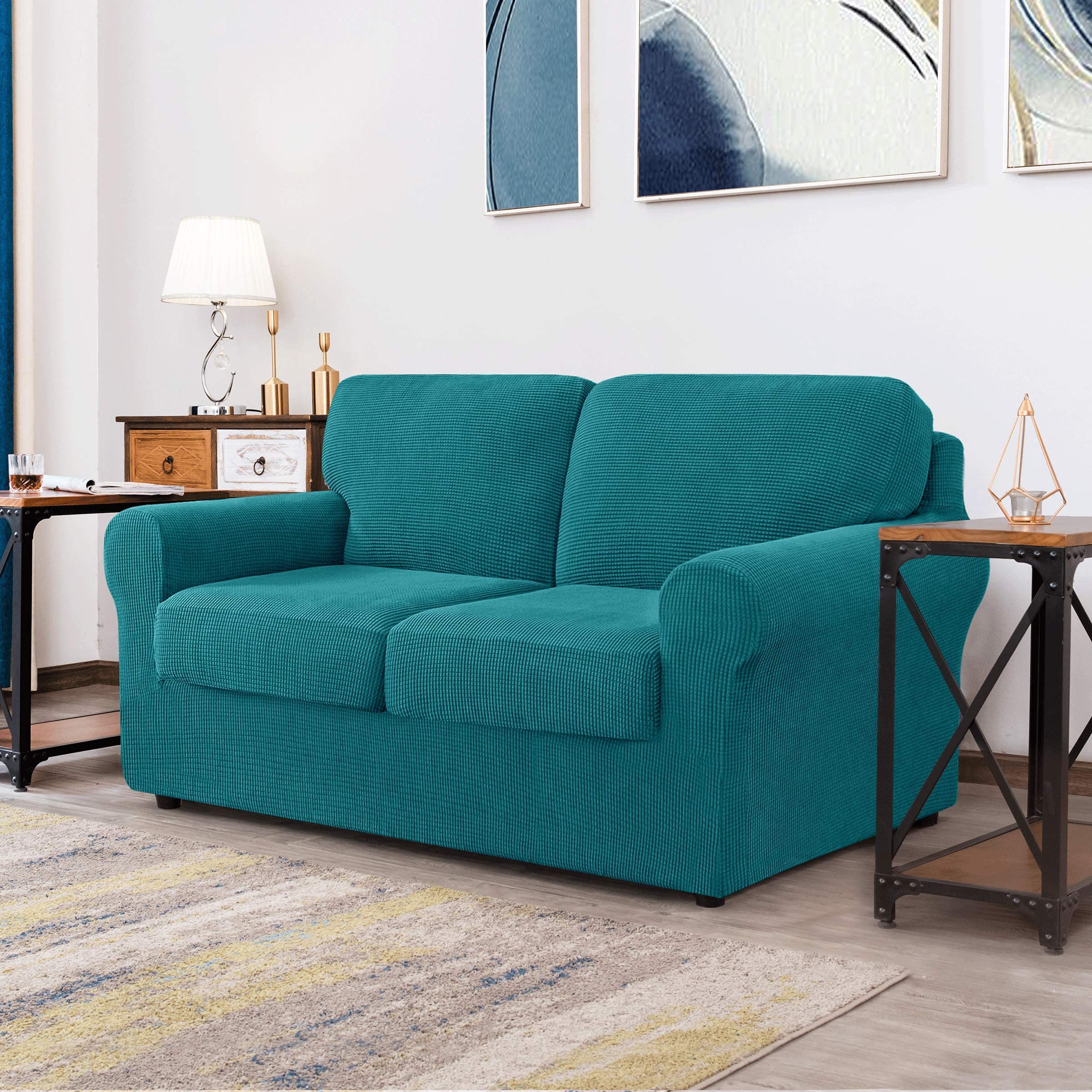 CHUN YI Loveseat Sofa Cover Set - Large Couch Slipcover with Detachable Backrests & Cushions, Stretchable Jacquard Fabric in Teal Check Pattern | Perfect for Living Room, Bedroom & Home Decor Protection