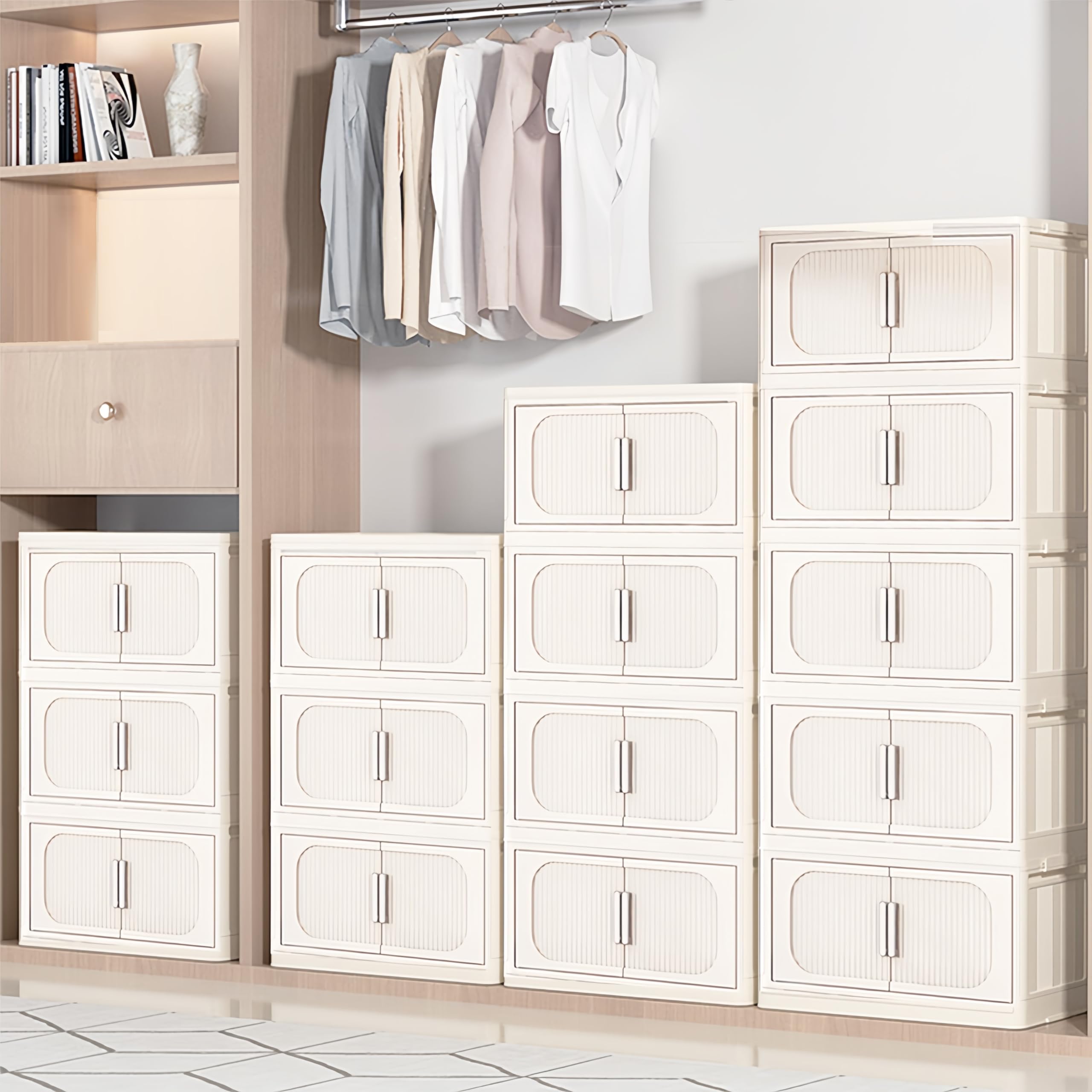 Foldable Cube Storage Bins with Lids & Wheels - 5-Tier Stackable Closet Organizer for Bedroom, Office & Kids Room - Cream White Open Front Storage Drawers for Home Organization