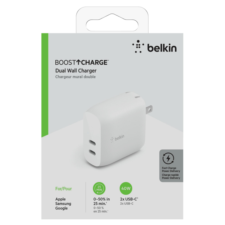 Belkin 40W Dual USB-C PD Fast Charger with 20W x 2 Ports - White | Perfect for iPhone, iPad & Android Devices | Home, Office & Travel Charging Solution