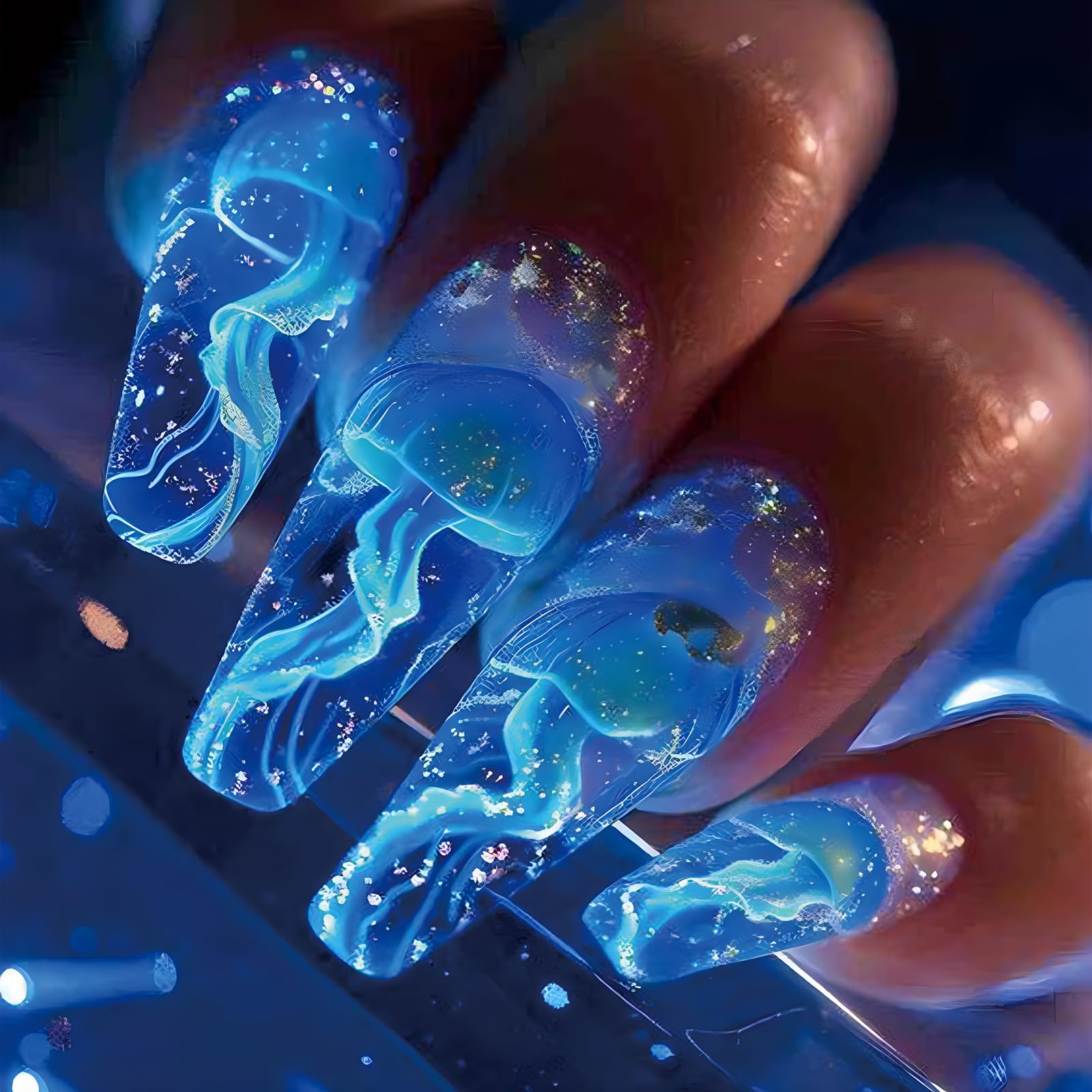 Glow in The Dark Press On Nails - Medium Length Blue Jellyfish Design Gel Fake Nails with 12 Sizes (24 Pcs) | Perfect for Parties, Halloween, Raves & Night Events