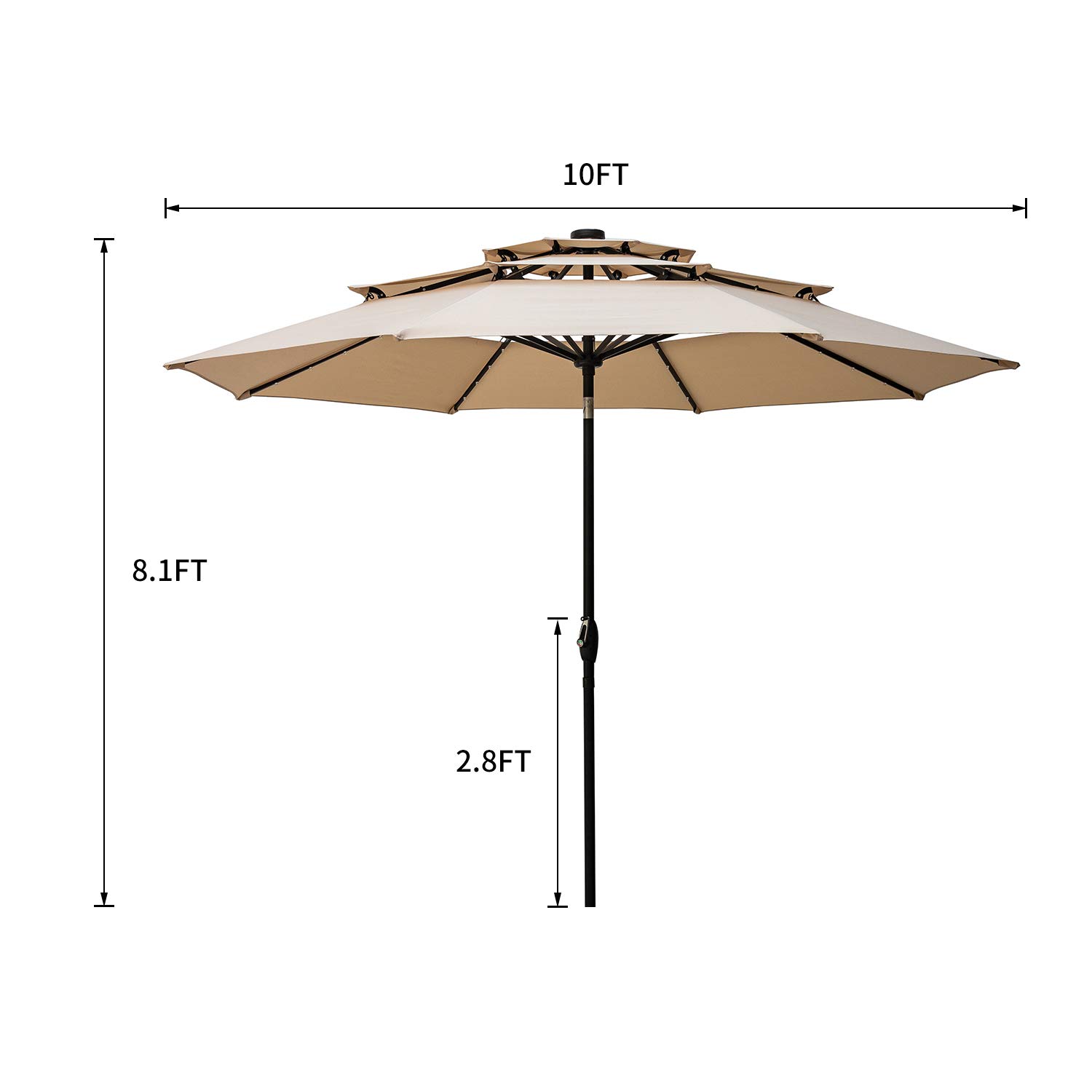 10FT 3-Tier Windproof Patio Umbrella with LED Lights - Waterproof Outdoor Market Umbrella with Tilt & Crank for Garden, Poolside, Restaurant (Khaki)