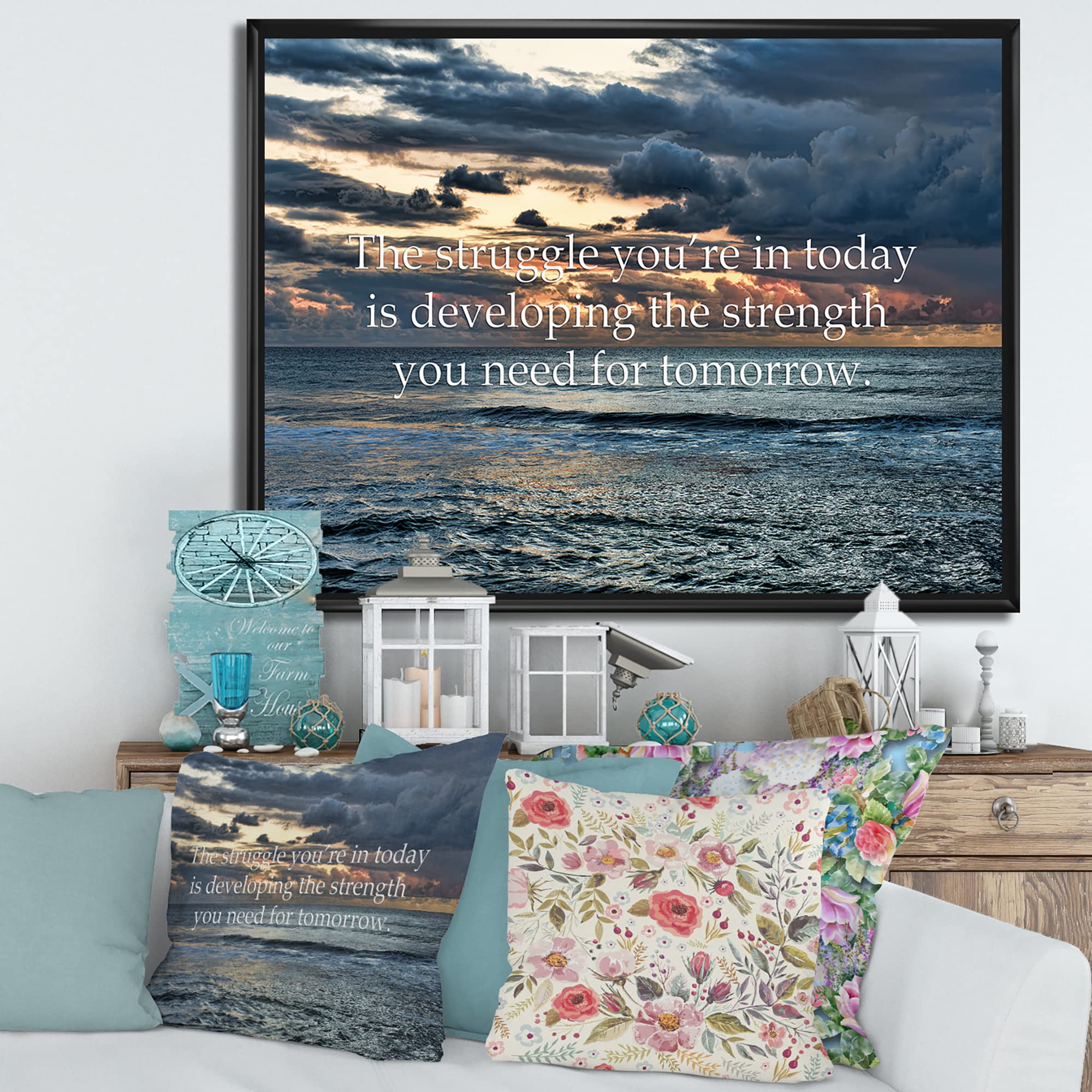 DesignQ Ocean & Inspirational Quote Framed Canvas Wall Art - Nautical Coastal Decor for Living Room, Bedroom & Office