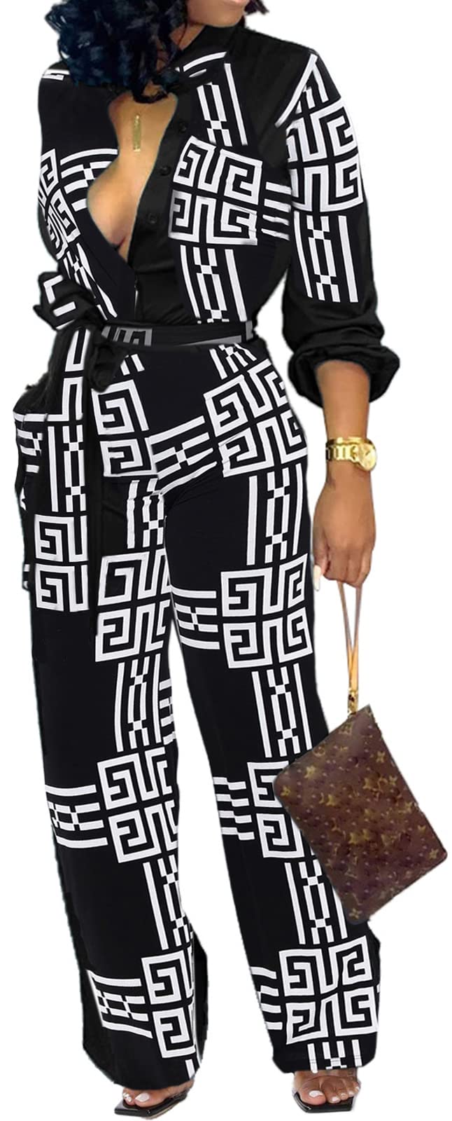 Elegant Women's V-Neck Long Sleeve Jumpsuit - Business Casual & Clubwear Romper with Straight Leg Pants | Perfect for Office, Night Out & Special Occasions