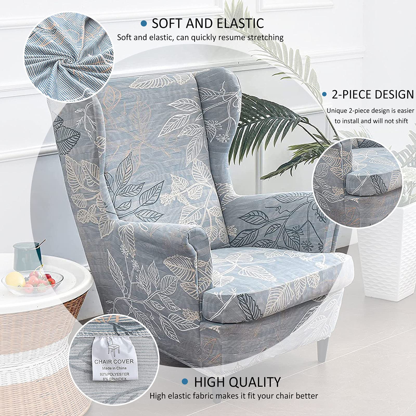 Printed Stretch Wing Chair Slipcover 2-Piece Set - Soft Spandex Wingback Chair Covers Washable & Removable - Perfect for Living Room, Bedroom, or Office Decor