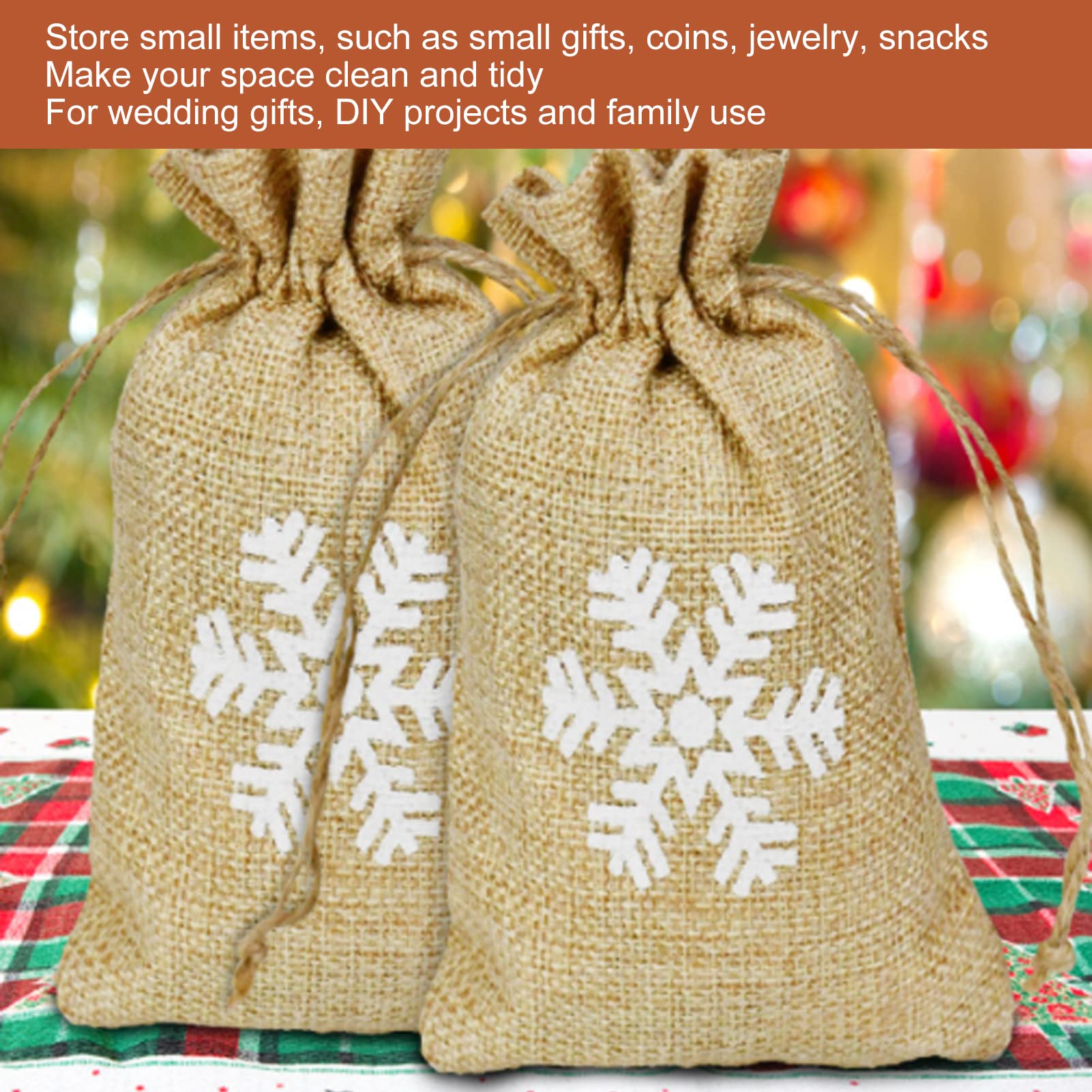 4.1 x 5.9 Inch Reusable Burlap Drawstring Gift Bags with White Snowflake Print - 9 Pack for Christmas Presents, Party Favors & Wedding Decorations