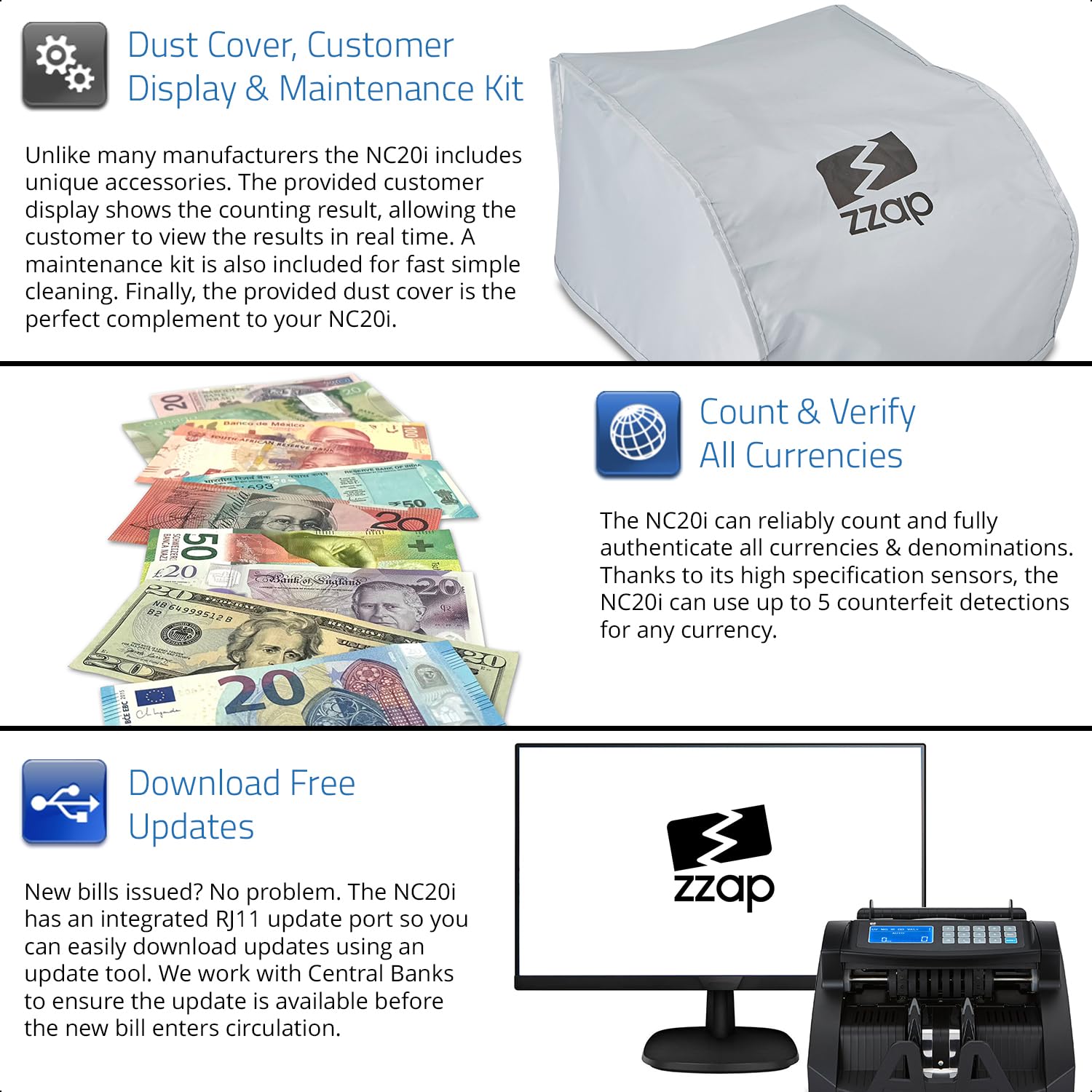 ZZap NC20i Bill Value Counter & Counterfeit Detector Machine - Fast & Accurate Currency Counting with UV/MG/IR Detection - Perfect for Banks, Retail Stores, and Cash-Intensive Businesses