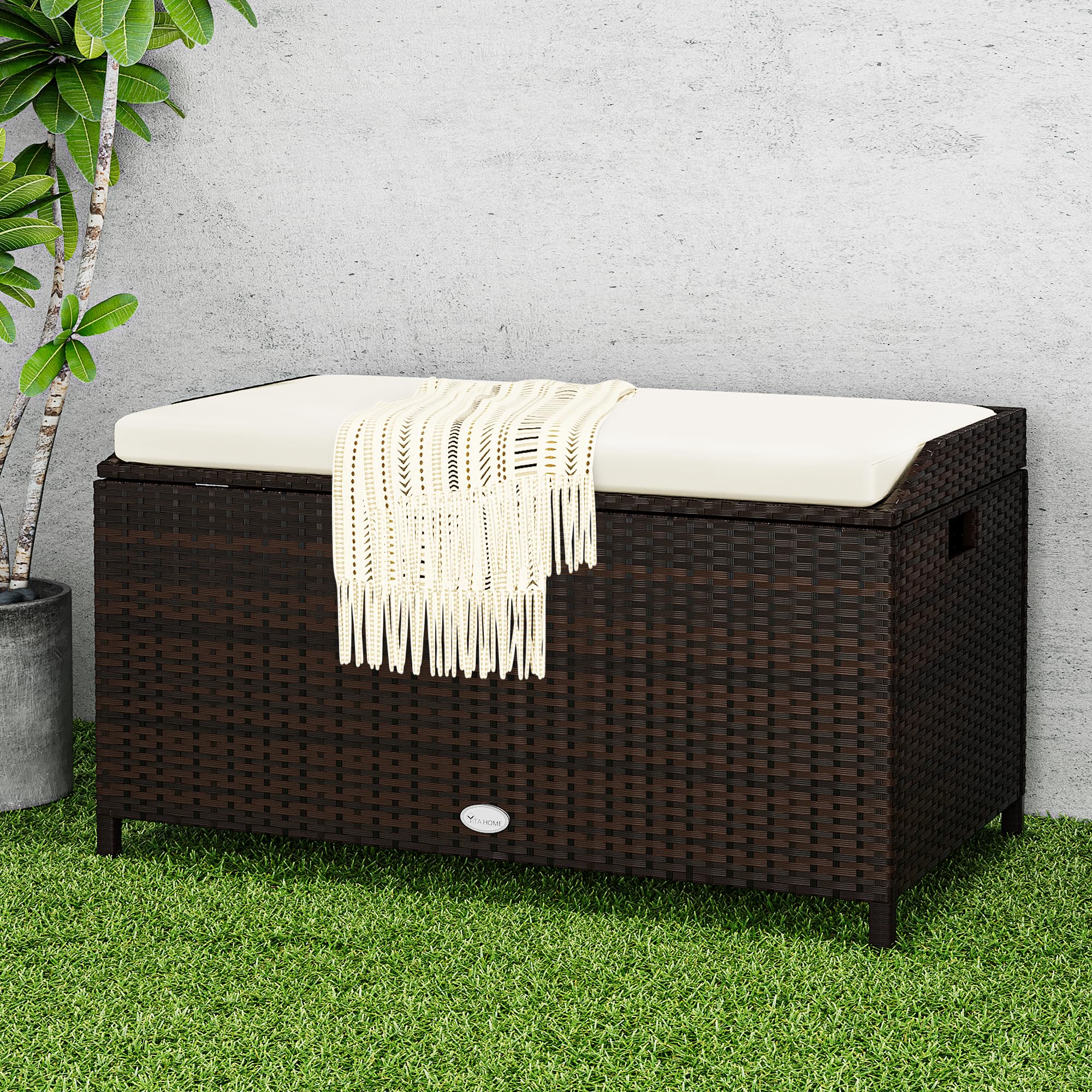 YITAHOME Large Outdoor Wicker Storage Bench Deck Box - PE Rattan Patio Furniture with Convenient Handles & Soft Cushion - Perfect for Patio, Garden, Yard, Lawn, and Outdoor Storage Organization