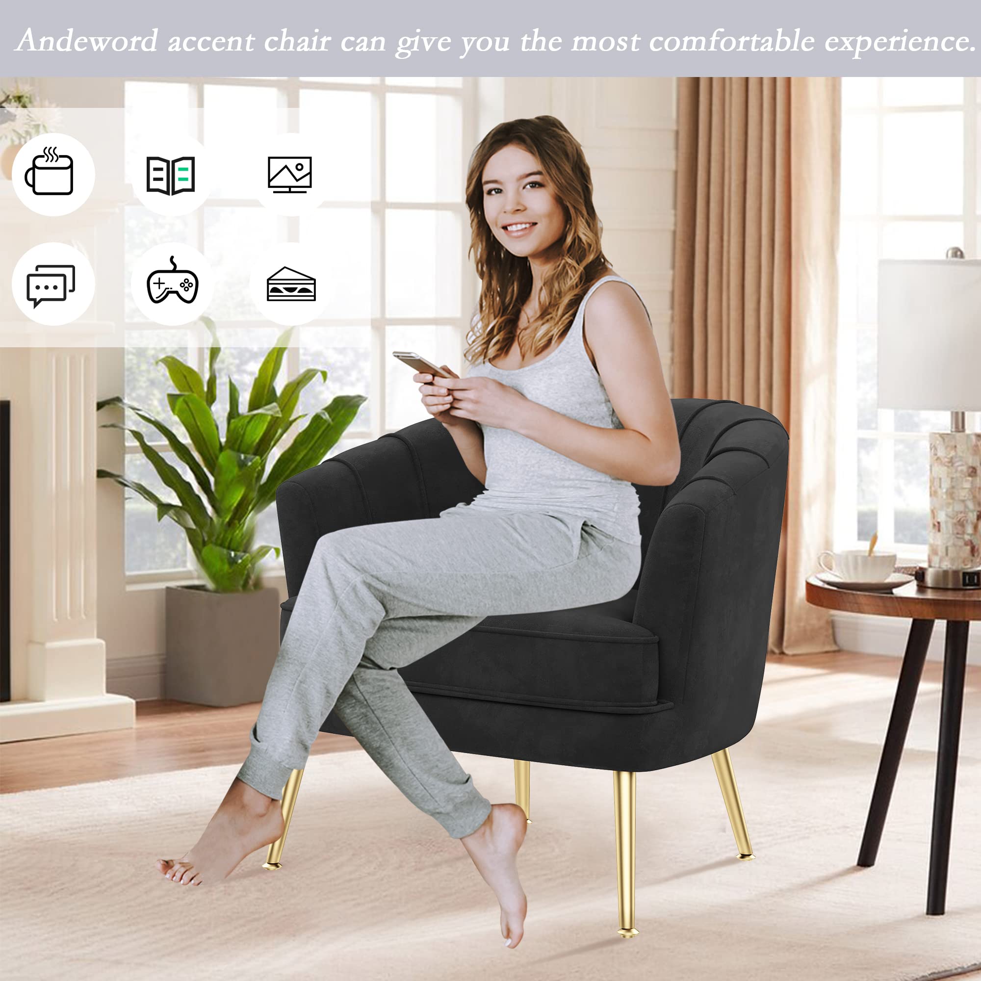 Andeworld Velvet Accent Chair - Modern Upholstered Single Sofa Side Chair with Golden Metal Legs, Comfortable Barrel Club Armchair for Living Room, Bedroom, Office & Reading Nook - Elegant Black Velvet Fabric for Cozy Home Decor