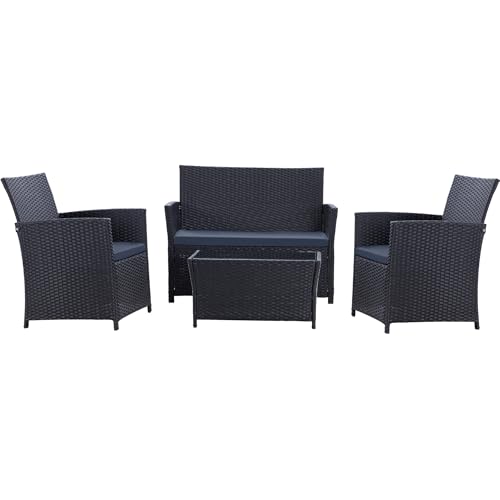 Black Rattan/Navy Blue Cushion