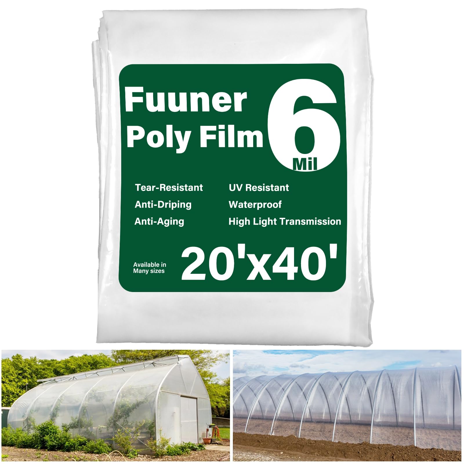 6 Mil Clear Greenhouse Plastic Sheeting 20x40 FT - Heavy Duty UV Resistant Polyethylene Film for Gardening & Farming - High Light Transmission & Weatherproof - Perfect for Greenhouse Covers, Plant Protection & Outdoor Growing
