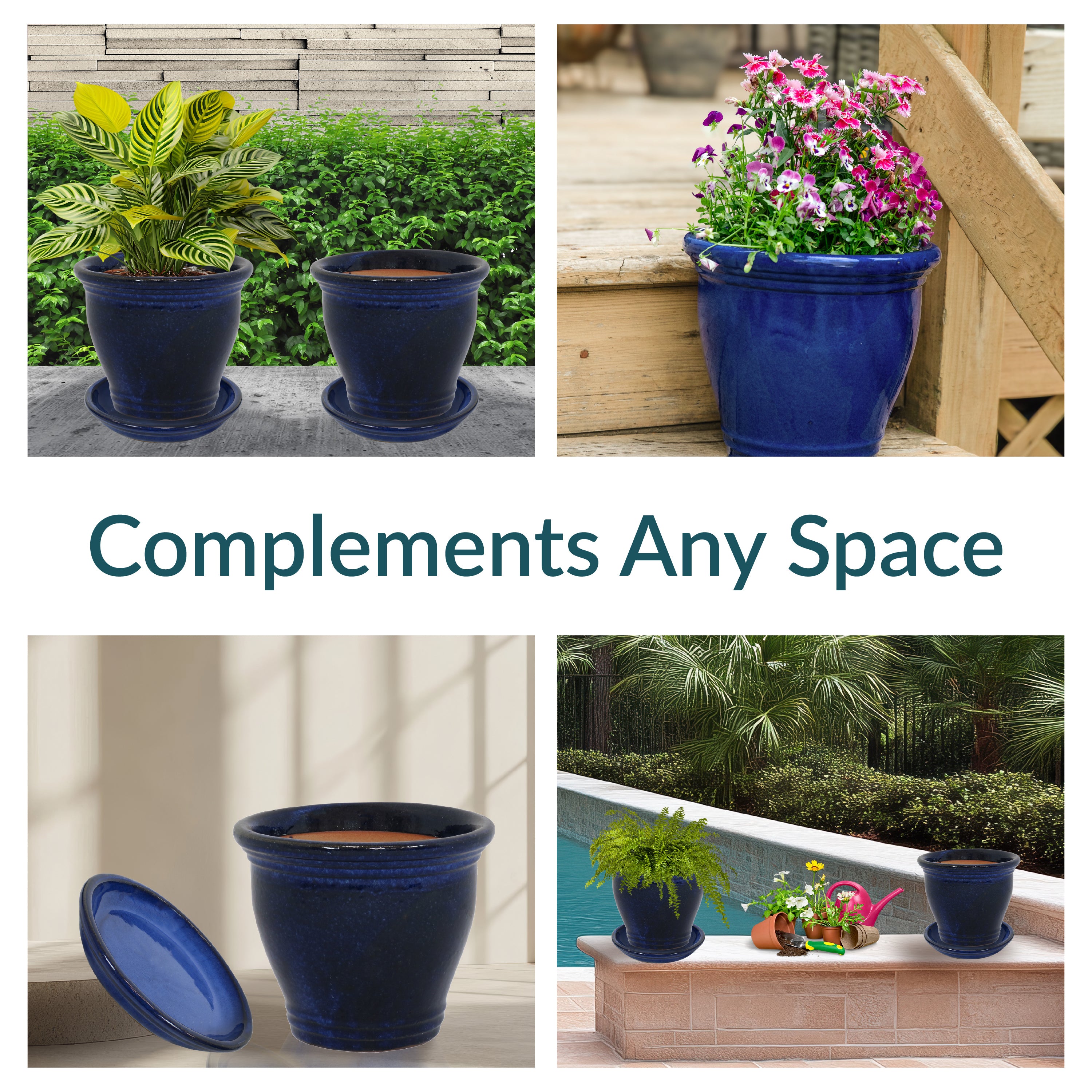 Sunnydaze 2-Pack Glazed Ceramic Plant Pots with Saucers - Indoor/Outdoor Decorative Flower Planters for Home, Garden, and Patio