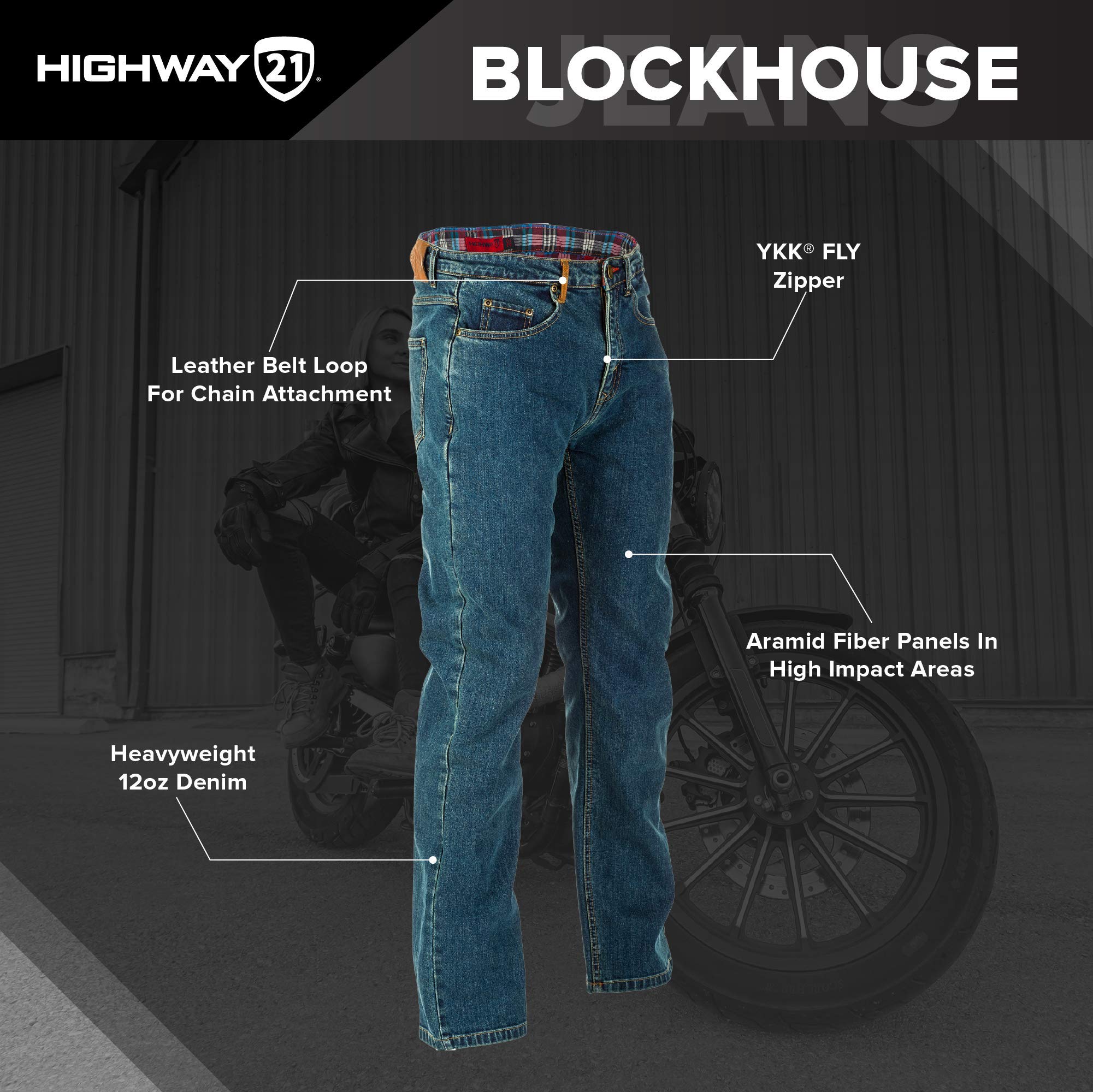Highway 21 Blockhouse Men's Motorcycle Riding Jeans - Protective Straight-Leg Denim Pants with Knee & Hip Armor Pockets | Durable & Comfortable for Commuting & Long Rides