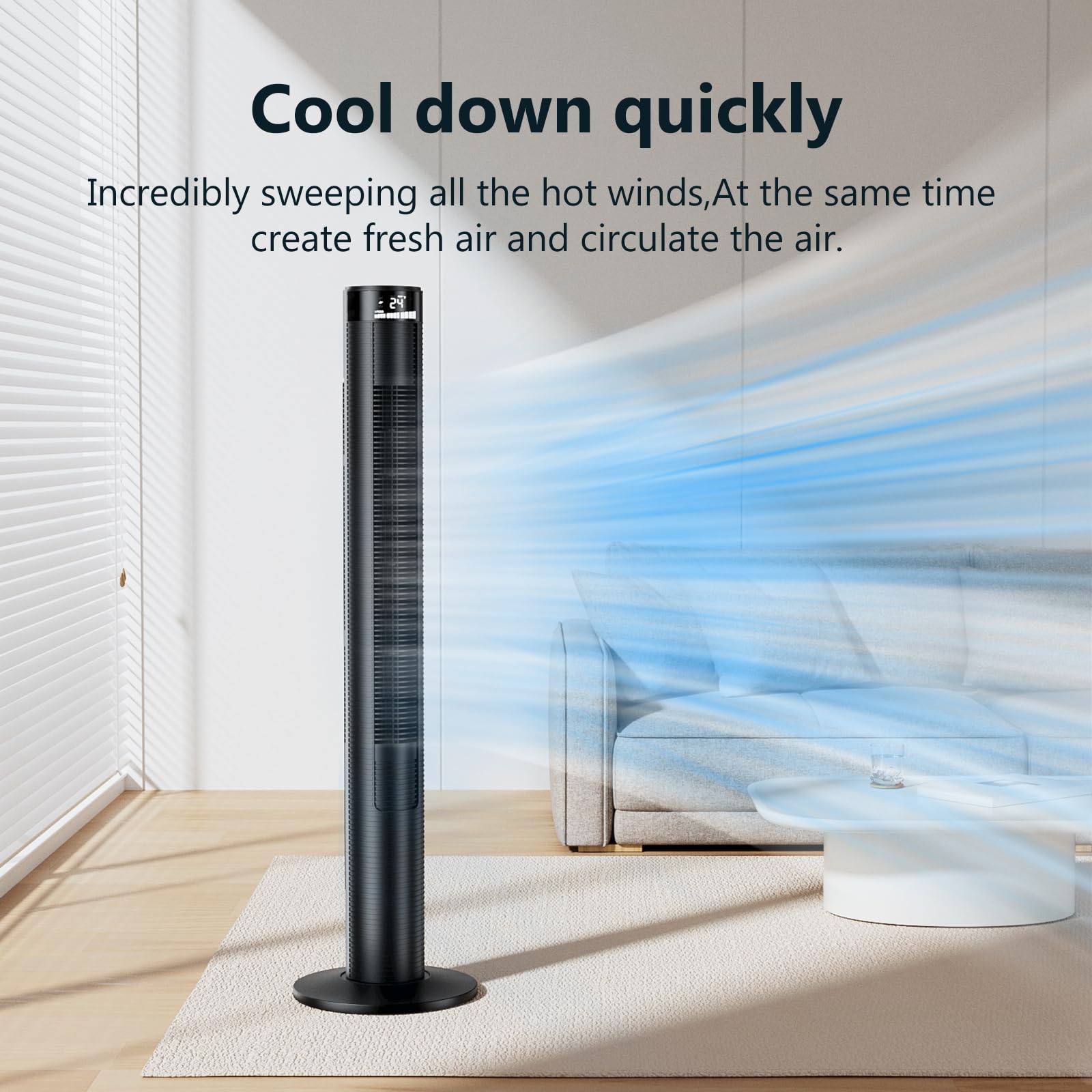 46 Inch CIH Tower Fan - Powerful 24ft/s Velocity, Quiet Oscillating Bladeless Floor Fan with Remote Control, 3 Speed Modes, LED Display & 7.5H Timer - Ideal for Home, Bedroom, Office & Indoor Cooling (Black)