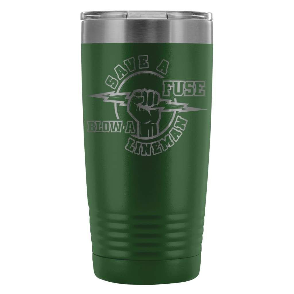 ODDITEES Lineman Tumbler - 20oz Stainless Steel Insulated Cup with Laser Etched 'Save A Fuse Blow A Lineman' Design - Perfect for Electricians, Construction Workers & Outdoor Enthusiasts (Green)