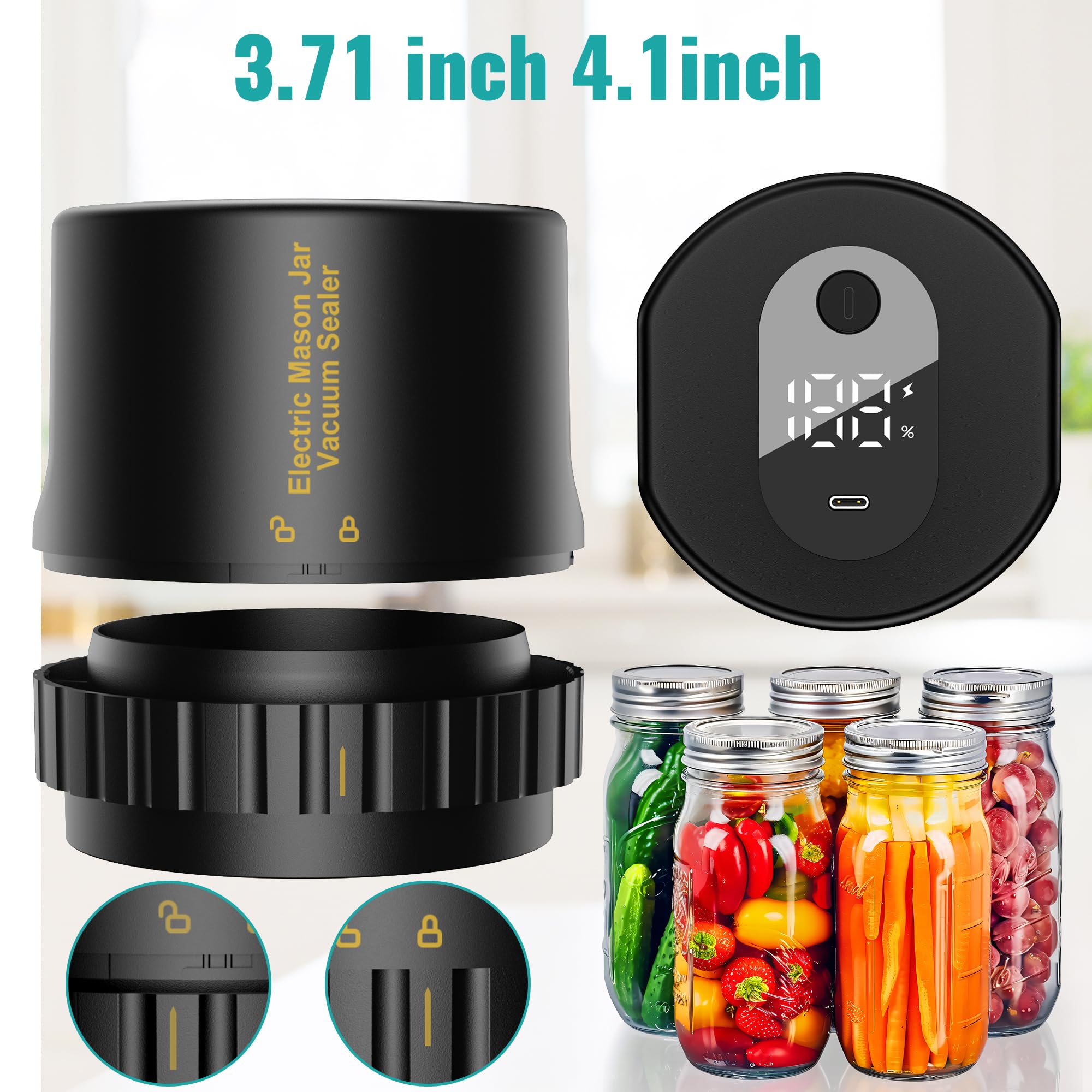 2025 Upgraded M13 Auto Electric Mason Jar Vacuum Sealer - Smart Wide & Regular Mouth Canning Jar Lid Sealer - Portable Food Preservation System for Home, Kitchen & Camping - Perfect for Meal Prep, Sous Vide & Long-Term Food Storage