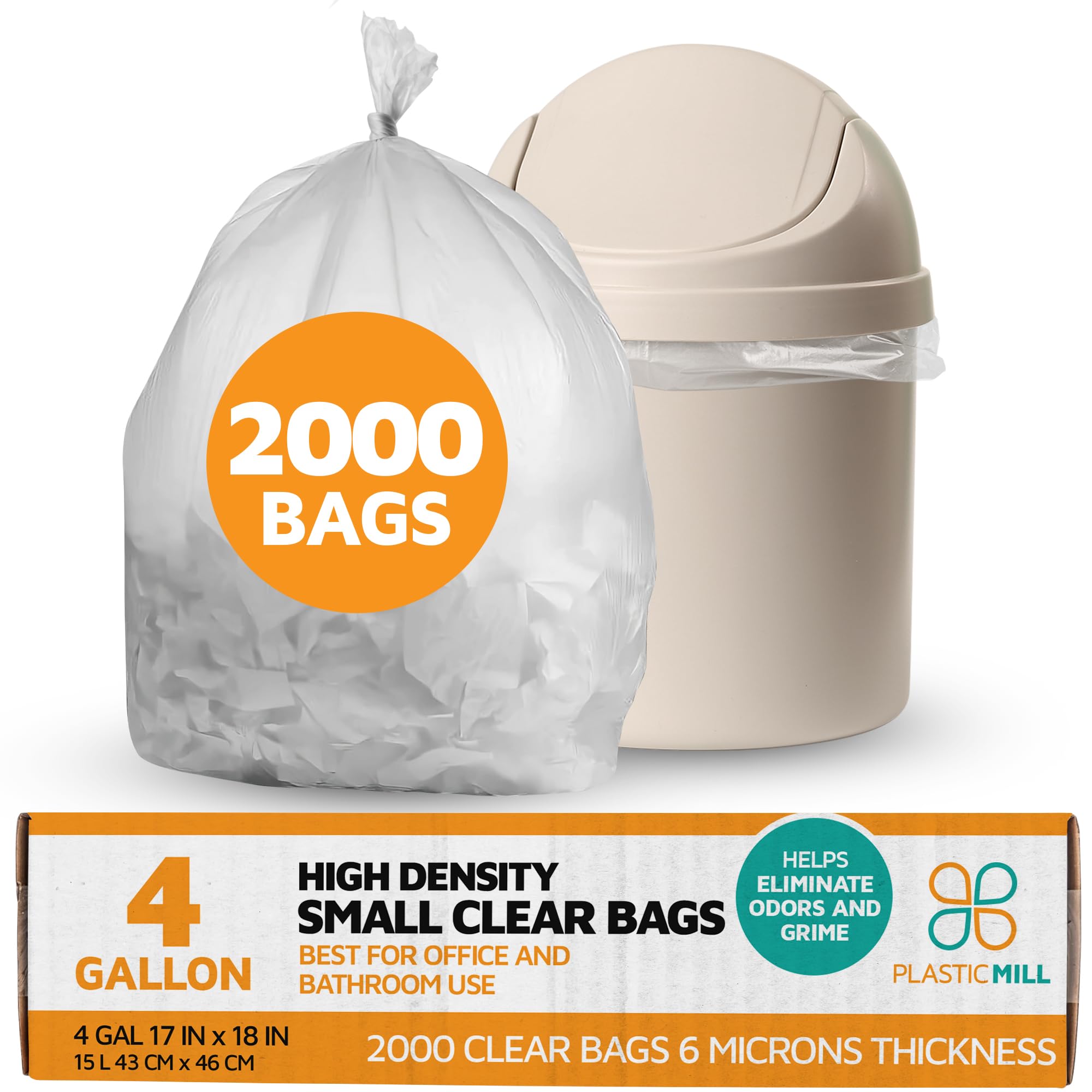 PlasticMill Heavy Duty Clear Trash Bags - 4-Gallon Small Garbage Bags (2,000 Count) - 6 Micron Thick, 17
