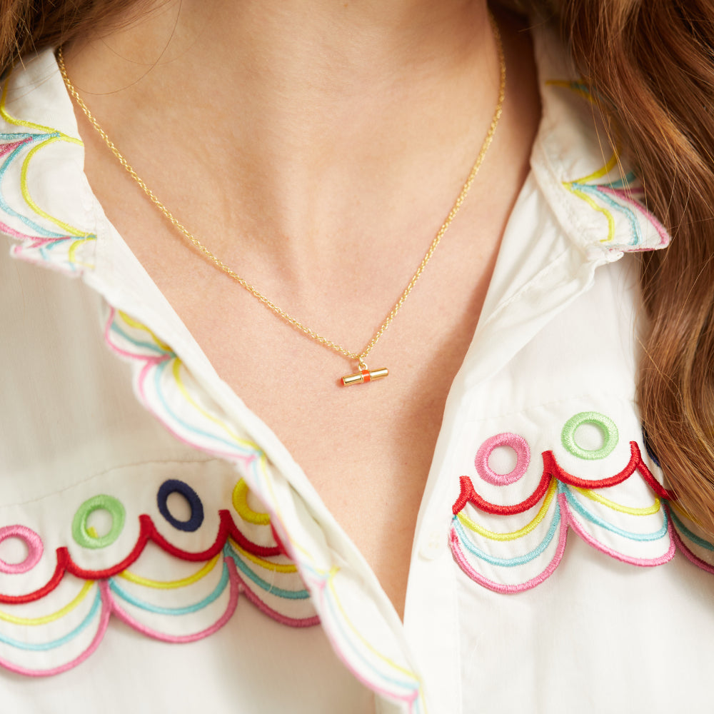 Elegant Havana Gold & Tomato Red Enamel T-Bar Necklace - Perfect for Date Nights & Special Occasions
