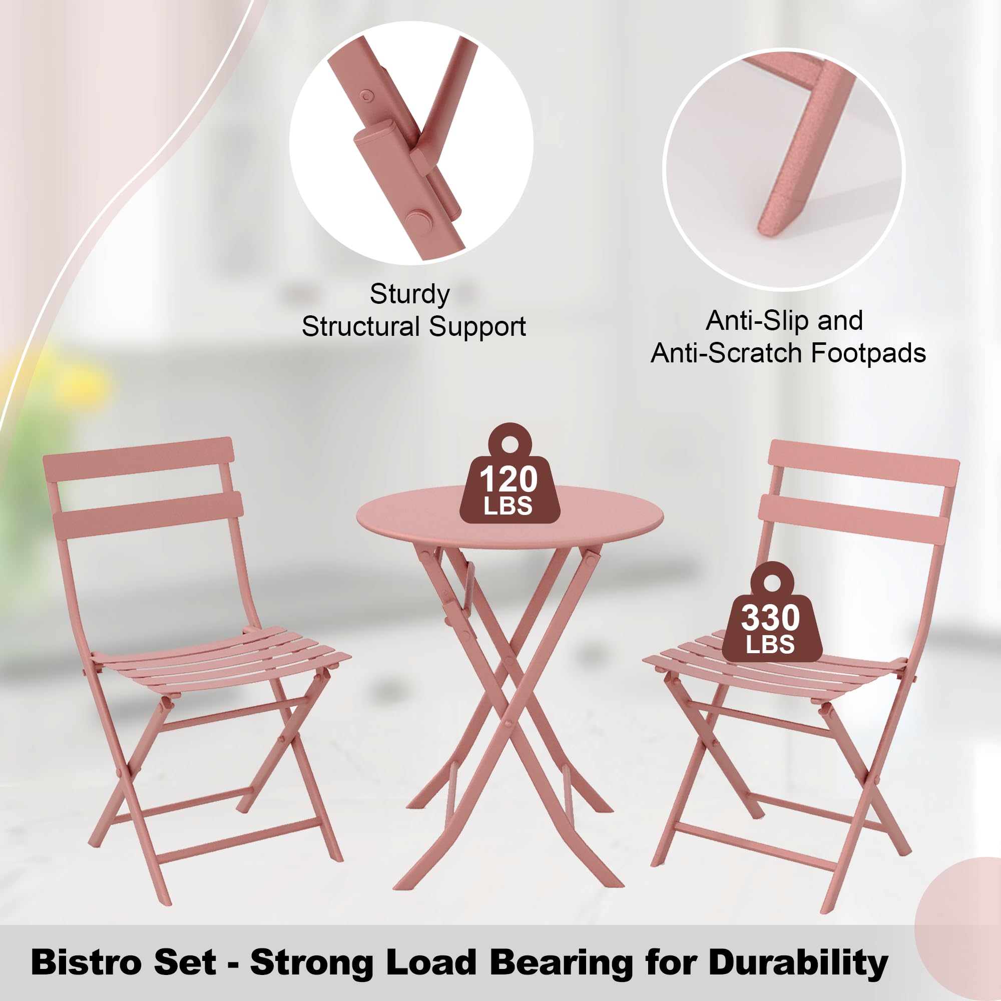 GARVEE 3-Piece Folding Patio Bistro Set with Round Table & 2 Chairs - Weather-Resistant, Space-Saving Outdoor Furniture with Premium Frame in Pink - Perfect for Small Balconies, Gardens, and Poolside Relaxation