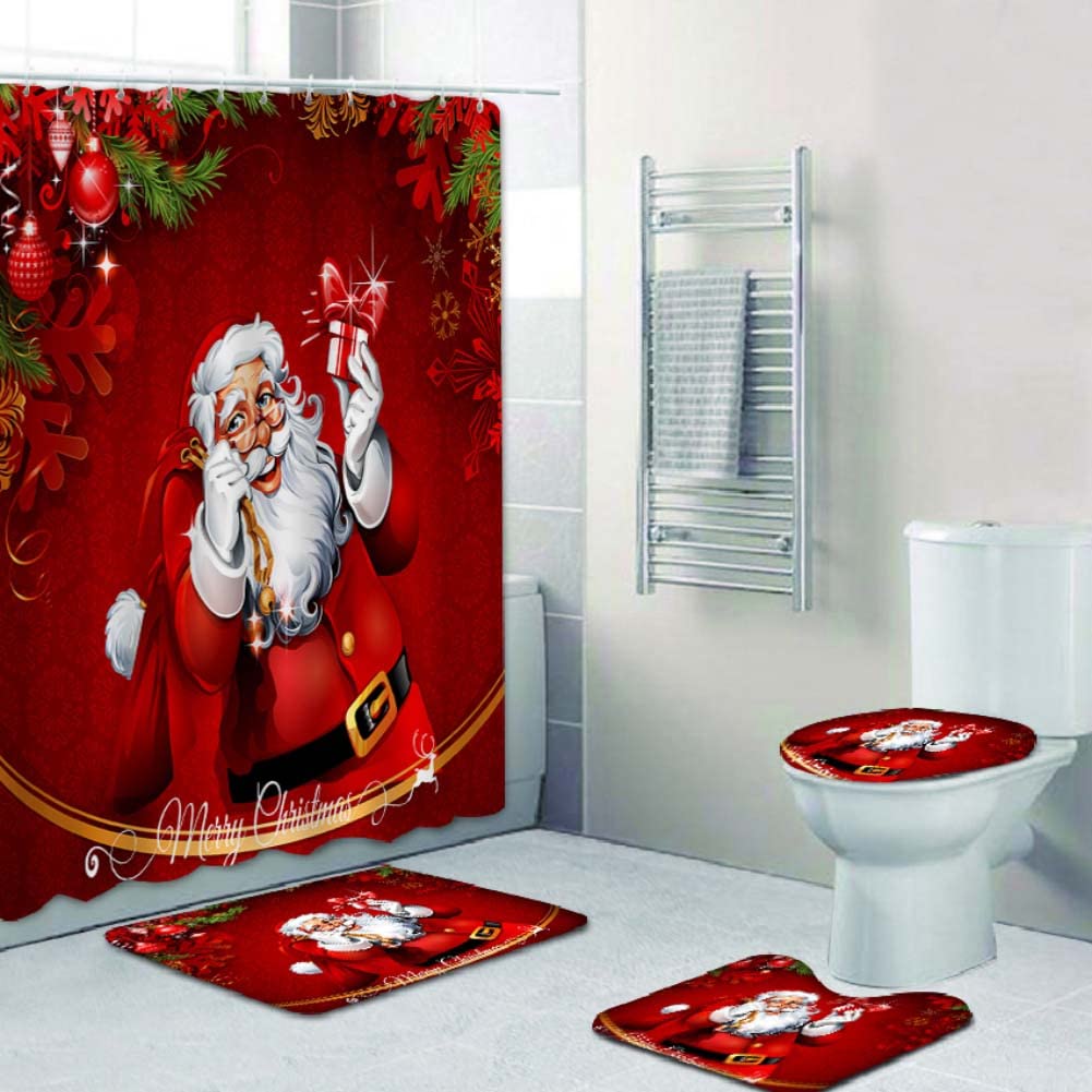 Yinrunx 4-Piece Christmas Shower Curtain Set with Bell Print - Waterproof Bathroom Decor Includes Shower Curtain, Rug & Toilet Cover - Perfect for Holiday Bathroom Decorations & Festive Home Styling