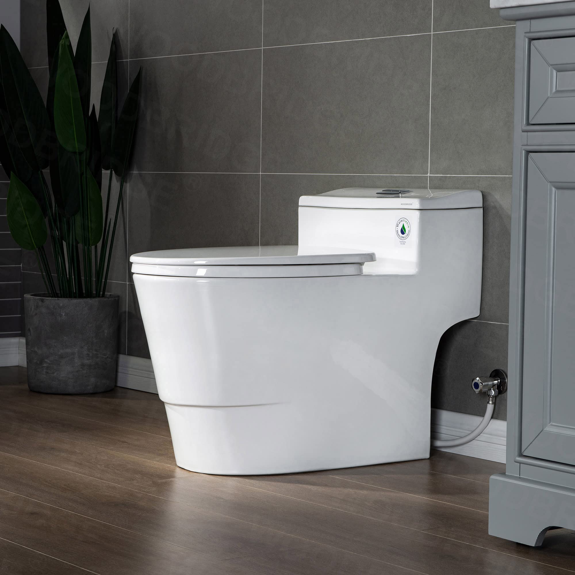WOODBRIDGE T-0018/B-0735 Dual Flush Elongated One Piece Toilet with Soft Closing Seat, Comfort Height, White - Modern Bathroom Design for Home & Commercial Use