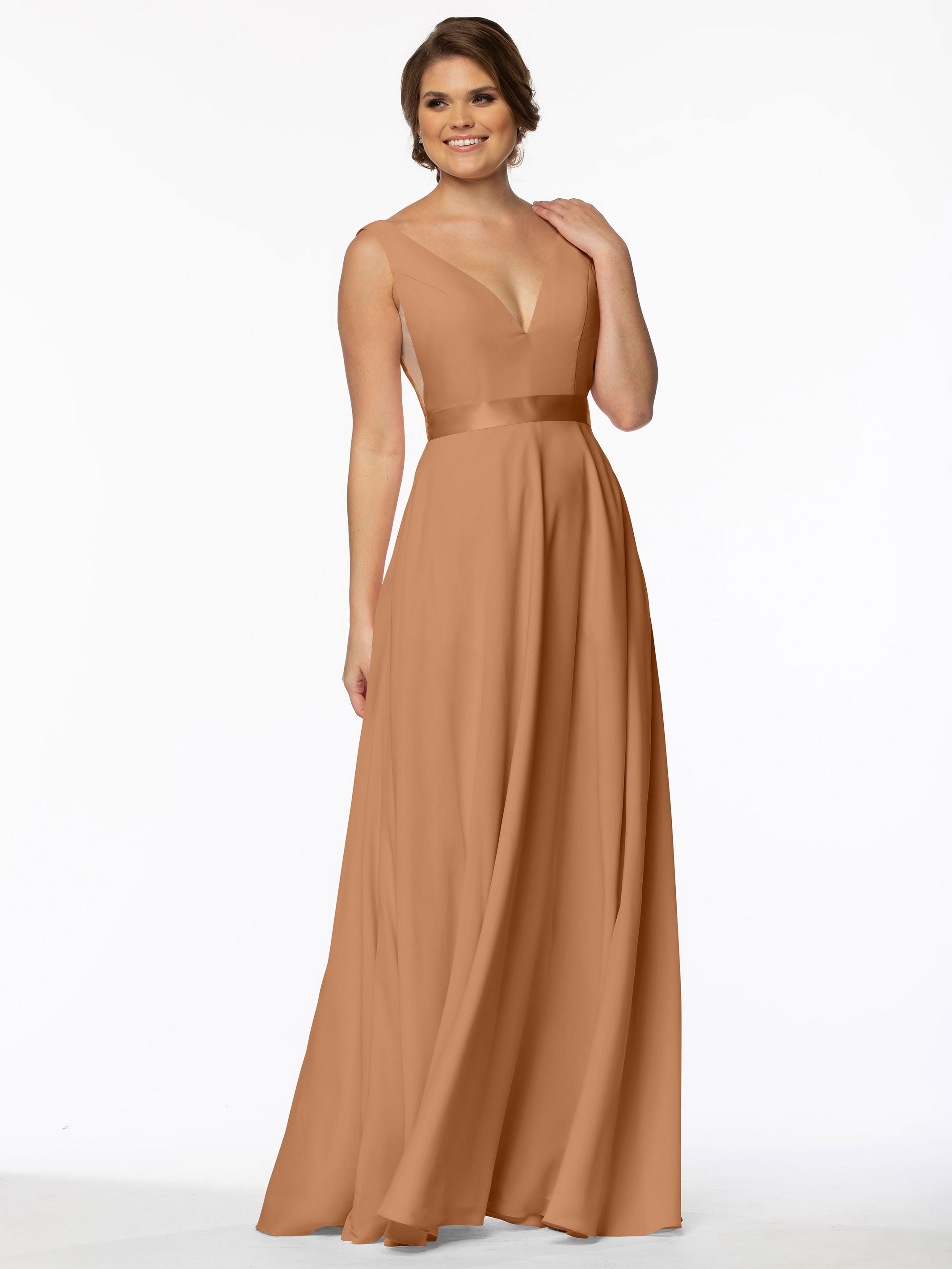 Elegant 80117 Stretch Chiffon A-Line Bridesmaid Dress with V-Neck & Sash - Perfect for Weddings, Formal Events & Special Occasions