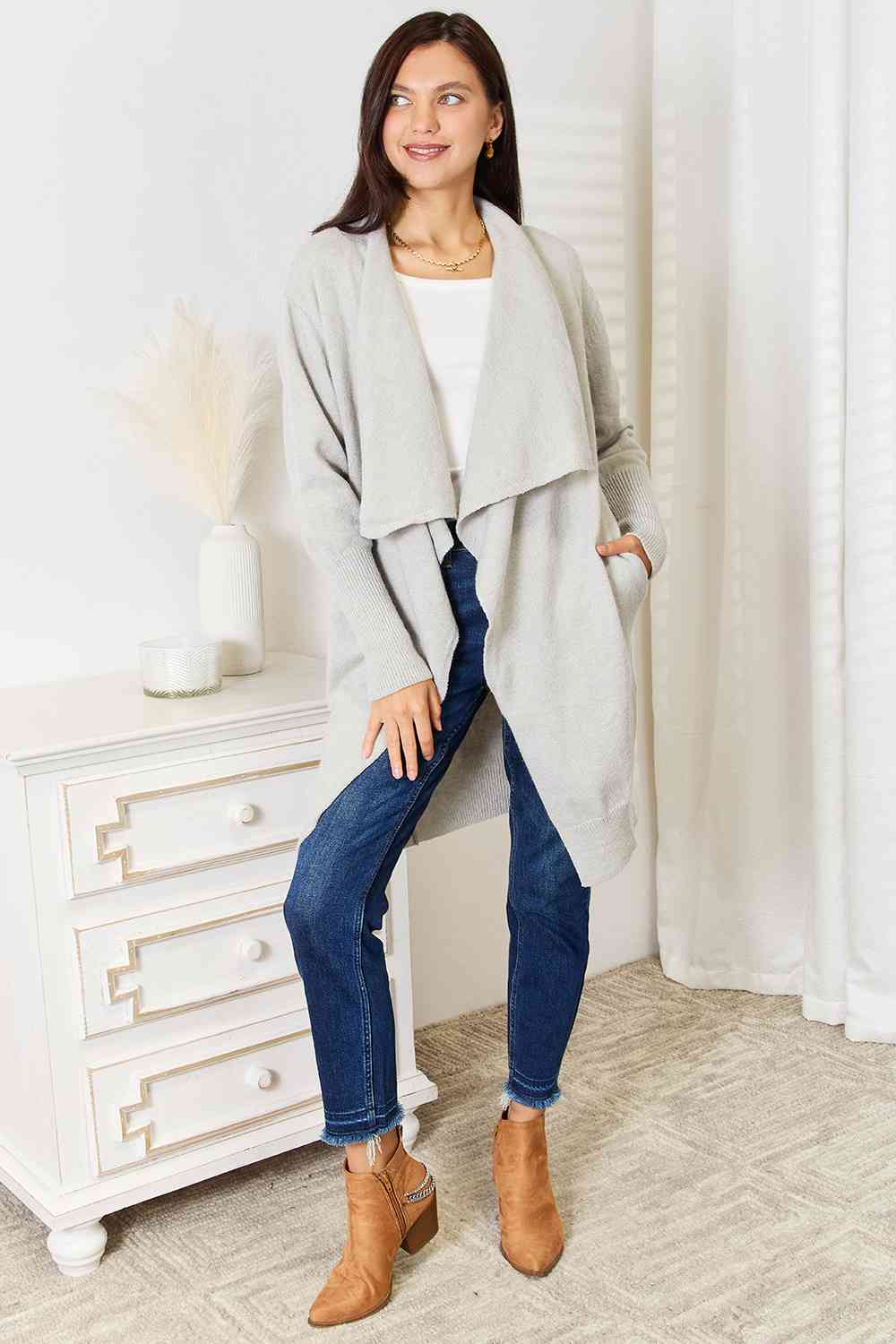 Light Grey Open Front Duster Cardigan with Pockets - Cozy Long Knit Sweater for Women | Perfect for Layering, Office Wear & Casual Outfits
