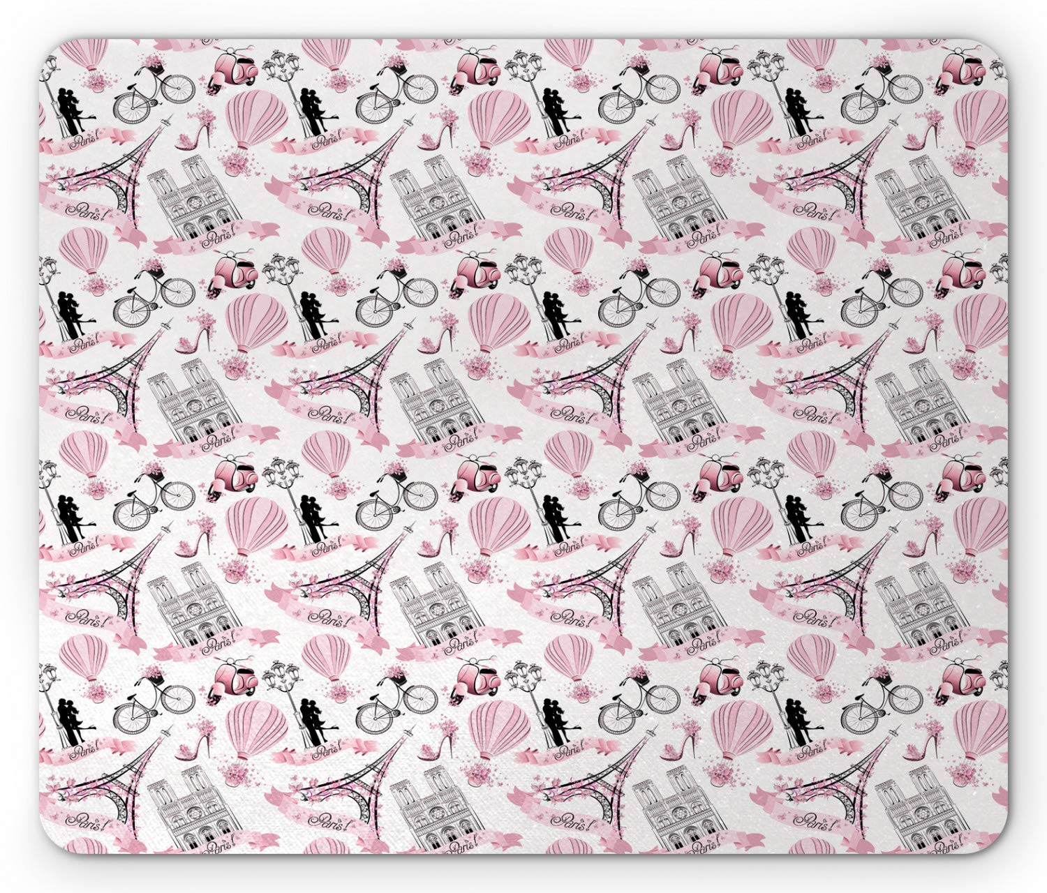 Ambesonne Paris Themed Mouse Pad - Romantic Eiffel Tower Design with Pink Blossoms, Non-Slip Rubber Base, Standard Size Rectangle Mousepad (Rose Black White) - Perfect for Office, Gaming & Travel Lovers