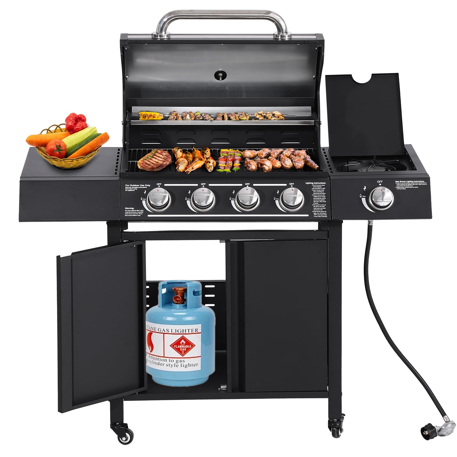 4-Burner Propane Gas BBQ Grill - High-Strength Cast Iron with Side Burner, 50,000 BTU Portable Outdoor Grill with 4 Wheels & 449 SQ.IN Cooking Area - Perfect for Backyard Barbecues, Camping Trips, Tailgating Parties and Family Gatherings