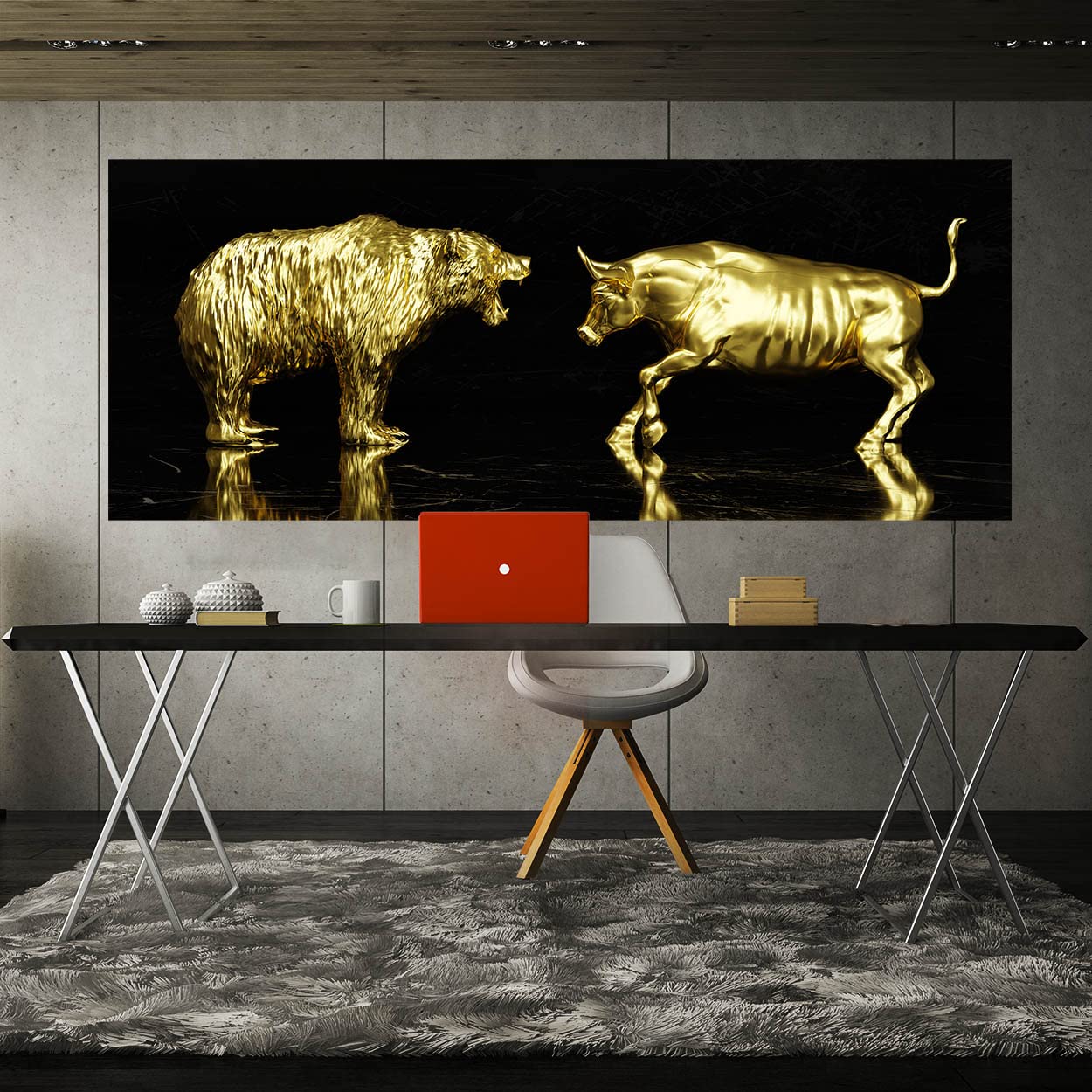 Bull vs Bear Wall Art Canvas Print - 20x8 Inches Gold Trading Office Decor, Entrepreneur Gift, Financial Motivational Poster for Home & Office | Sense Canvas | Perfect for Stock Traders, Investors & Finance Professionals