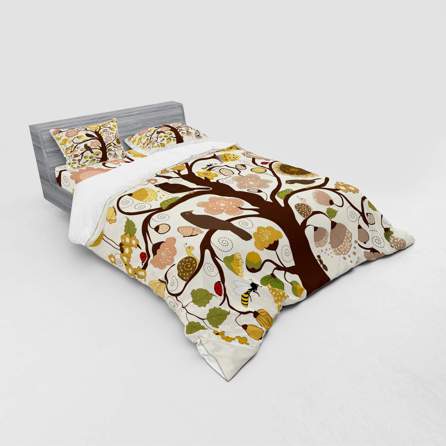 Ambesonne Botanical Tree Duvet Cover Set - 4 Piece Queen Size Bedding with Shams & Fitted Sheet - Chocolate Dark Yellow Floral Garden Design - Perfect for Master Bedroom, Guest Room & Bohemian Home Decor