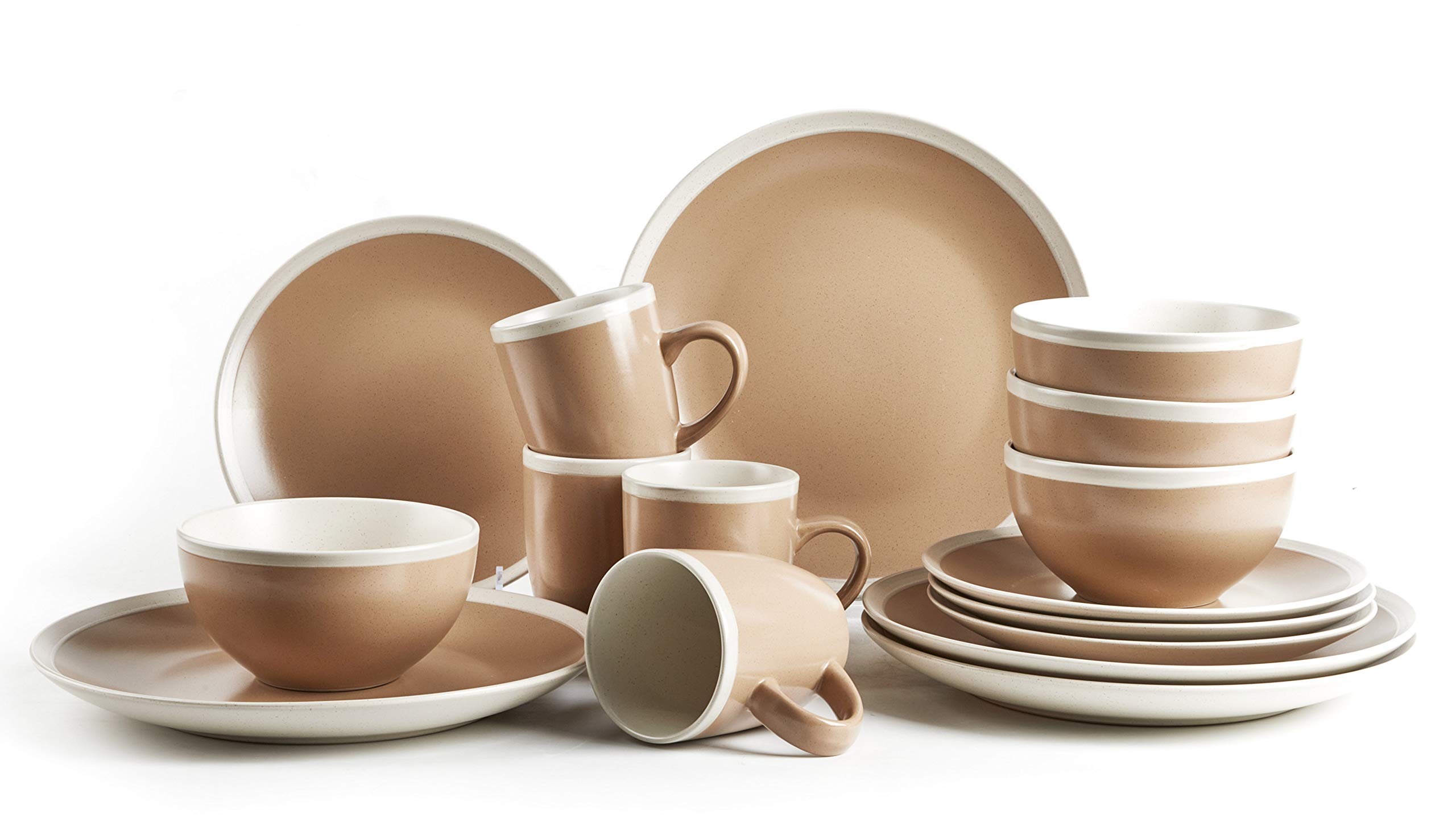 HomeVss Rock Ridge Speckled Stoneware Dinnerware Set - 16 Piece Beige & Ivory Stone Dinner Plates, Bowls, Mugs - Elegant Farmhouse Tableware for Everyday Use & Dinner Parties