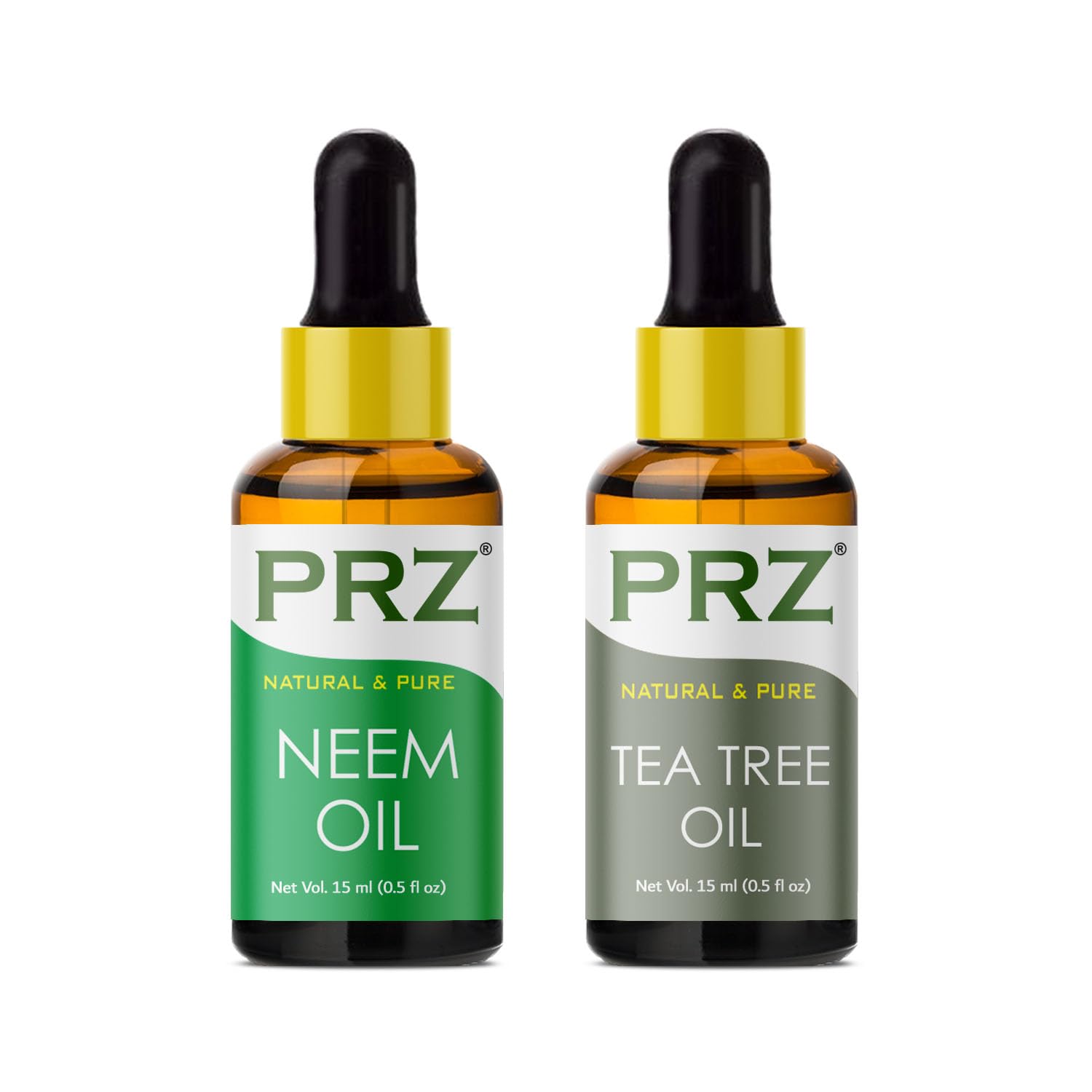 PRZ Cold Pressed Neem Oil & Tea Tree Essential Oil Combo - 100% Pure Natural Therapeutic Grade for Aromatherapy, Massage, Skin & Hair Care (15ML Each) | Perfect for DIY Beauty, Relaxation & Scalp Treatment