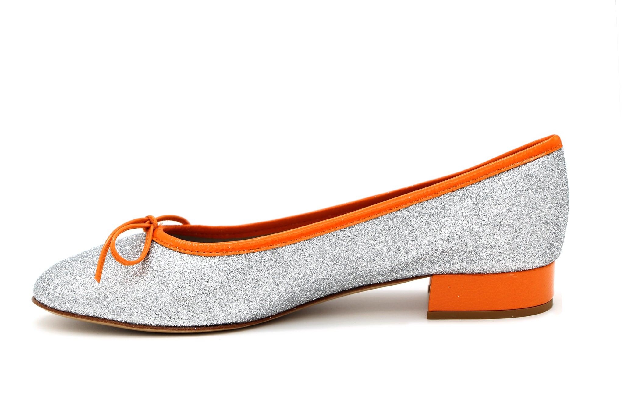 FABUCCI Women's Silver Shimmer Ballet Flats with Orange Trim - Comfortable Slip-On Shoes for Work, Party & Casual Wear