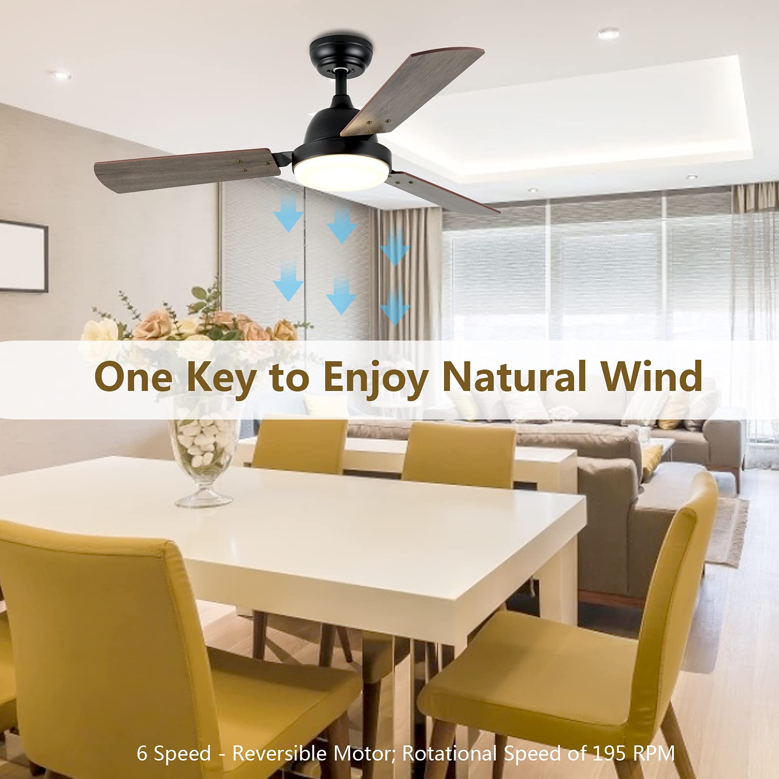 Simple Deluxe 44-inch Ceiling Fan with LED Light & Remote Control - 6 Speed Settings, 2 Rotation Modes, Timer Function - Perfect for Living Room, Bedroom & Office Cooling
