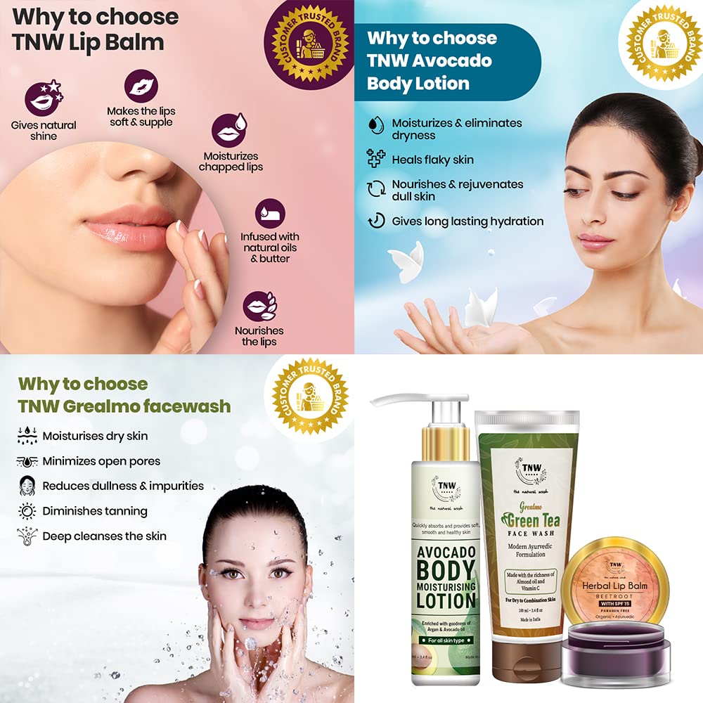 TNW Natural Hand & Foot Cream, Green Tea Face Wash & Avocado Body Lotion - Ultra Hydrating & Soothing Skincare Set for Dry Skin - Perfect for Daily Moisturizing, Spa Days & Travel Essentials