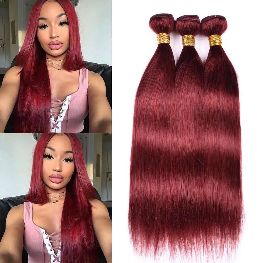FEEL ME Brazilian Virgin Hair 3 Bundles - Unprocessed Straight Human Hair Extensions (Color 33 Red, 300g Total, 14 16 18 Inches) for Stunning Length & Volume - Perfect for Daily Wear, Parties & Special Occasions