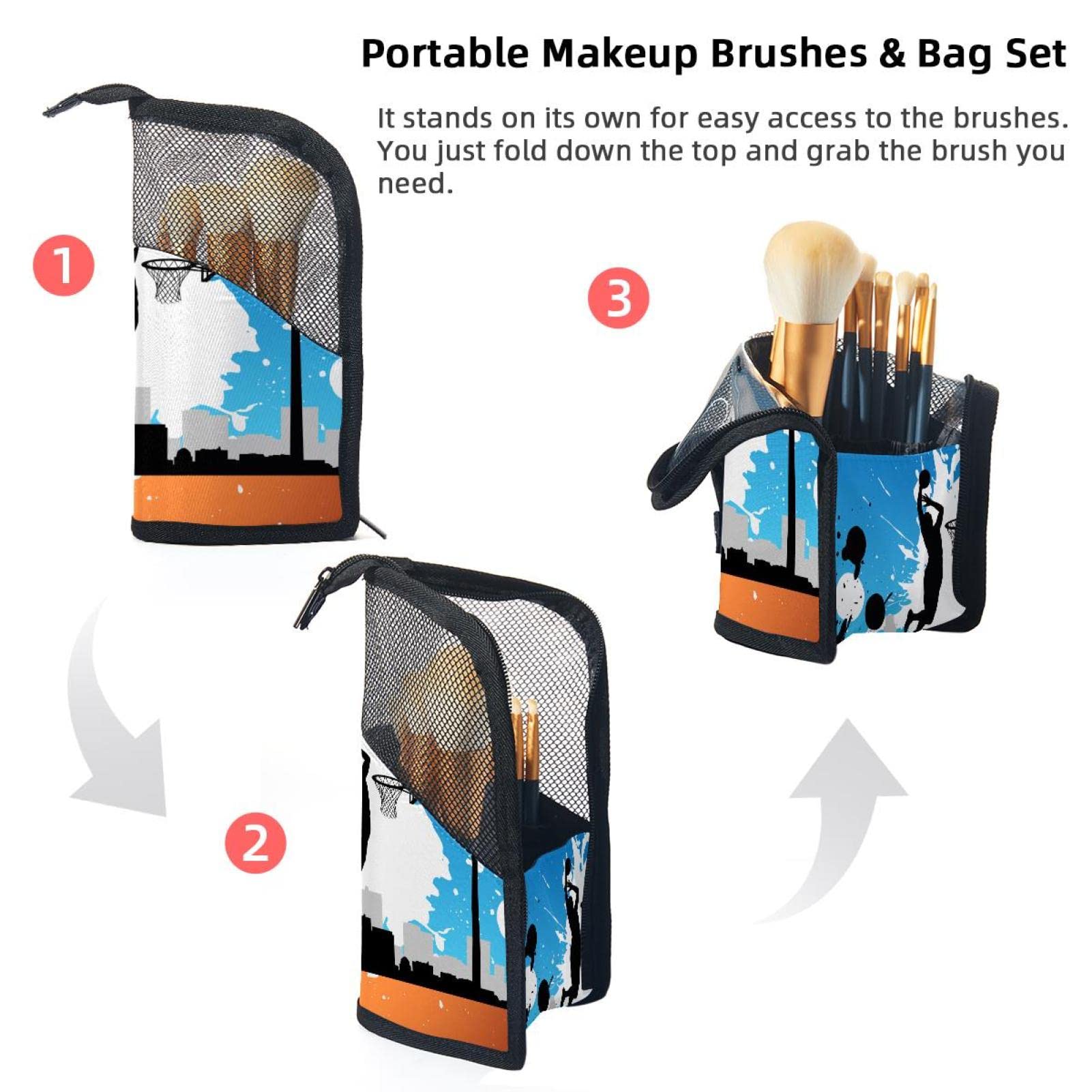 Portable Makeup Brush Organizer Bag with 12 Slots - Basketball Player Doodle Design - Travel-Friendly Cosmetic Brush Holder Case for Makeup Artists & Beauty Enthusiasts - Perfect for Home, Travel & Professional Use