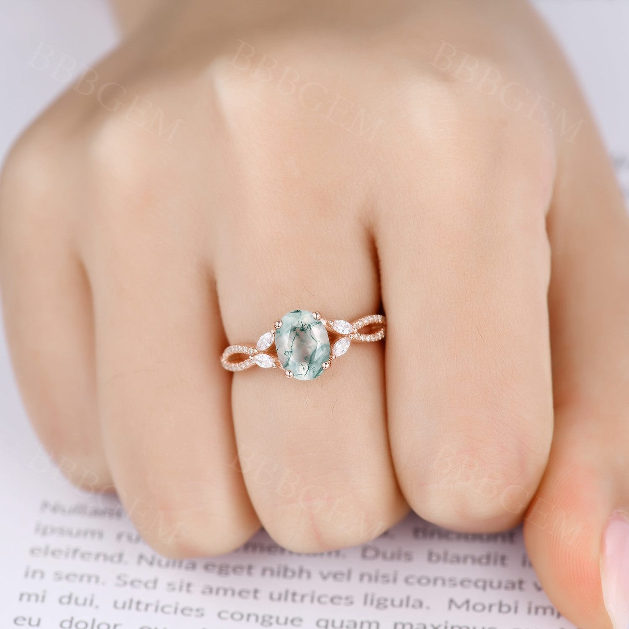 14K Pink Gold Oval Cut Moss Agate Engagement Ring with Marquise Moissanite Infinity Band - Elegant Wedding Ring for Women, Perfect for Proposals, Anniversaries & Special Occasions