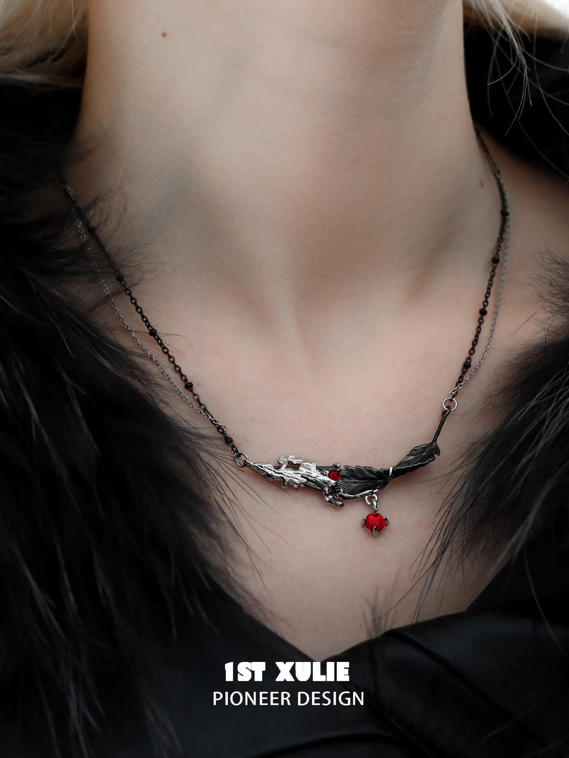 Lucifer Red Crystal 18K Black Gold Feather Necklace™ - Elegant Jewelry for Women, Gift for Her, Valentine's Day, Anniversary, Birthday, Party & Special Occasions