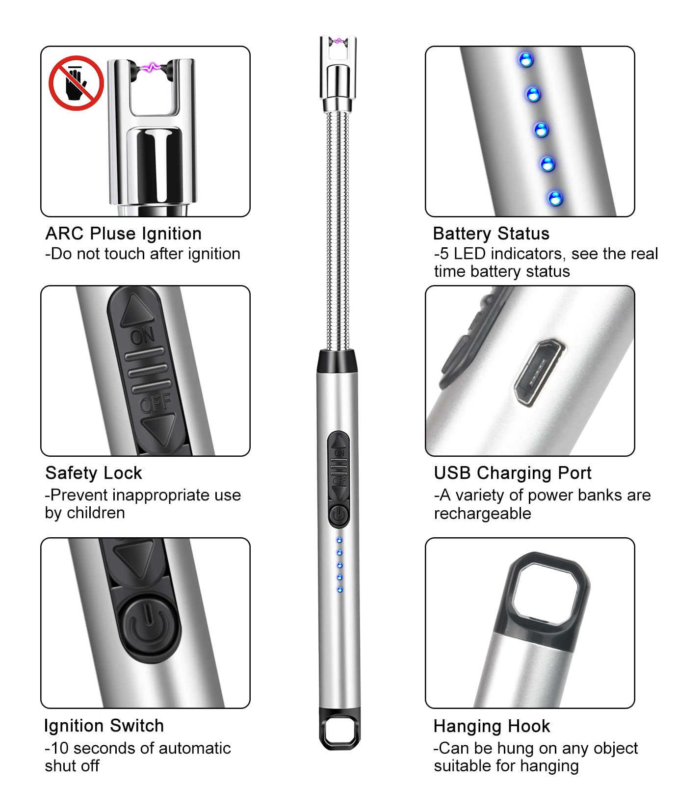 Rechargeable Windproof Arc Lighter for Kitchen, Camping & BBQ - Silver