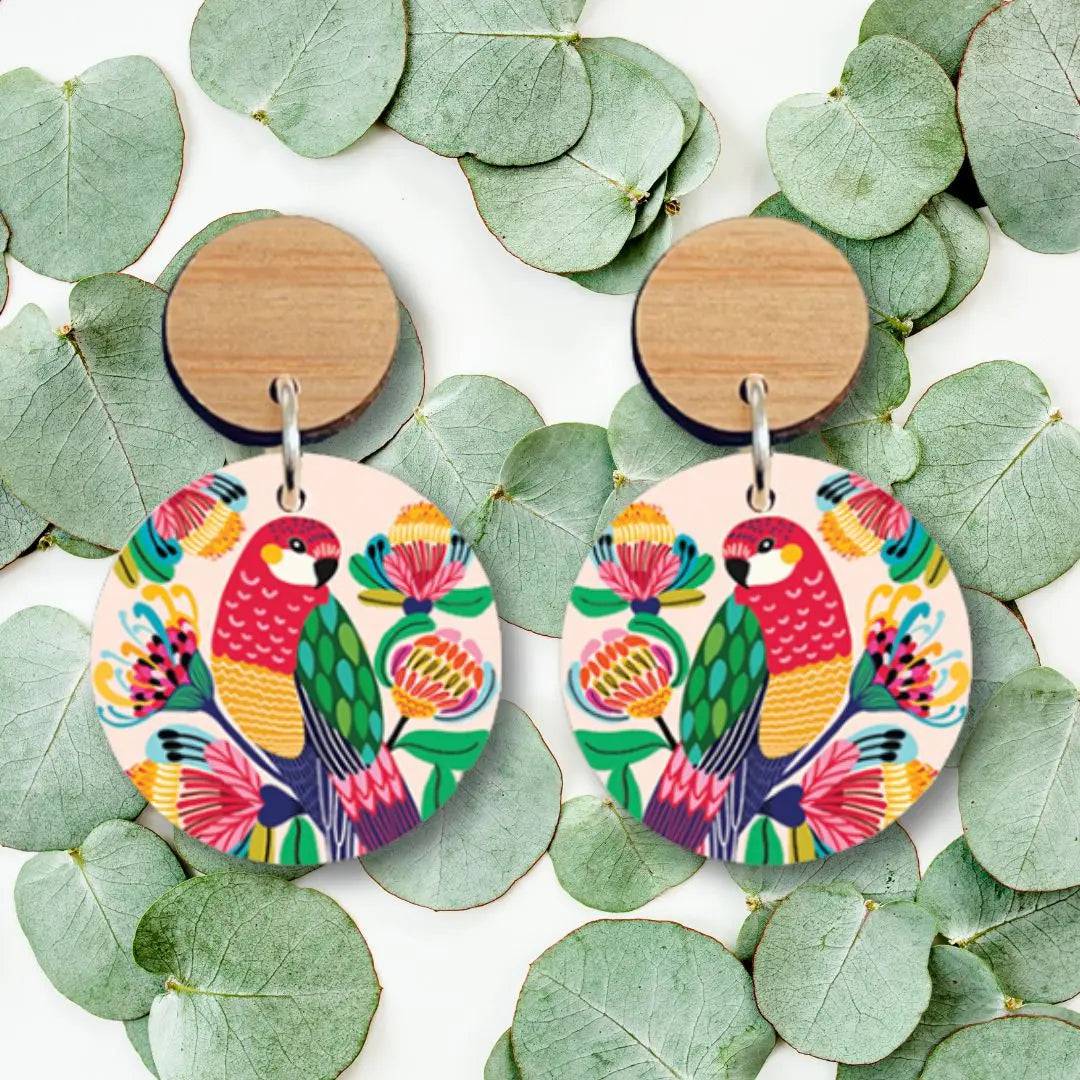 Handmade Australian Rosella Birds Wooden Earrings - Unique Boho Dangle Earrings for Women - Perfect for Casual Wear, Parties & Gifts