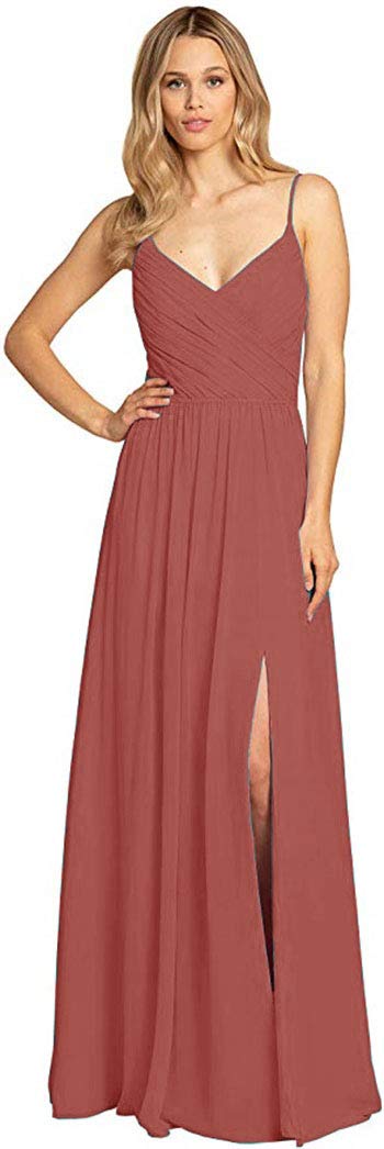 Elegant Ubride Women's Slit Chiffon Dress with Spaghetti Straps - Long Formal Prom Evening Gown for Weddings, Parties & Special Occasions