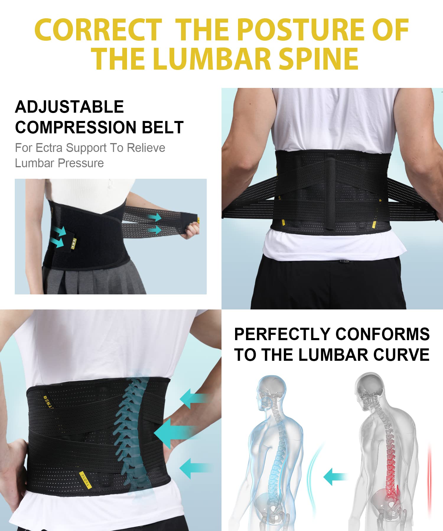 BERTER Adjustable Lower Back Brace for Pain Relief - Sciatica, Herniated Disc & Scoliosis Support - Breathable Lumbar Belt for Men & Women (XL, Black) - Ideal for Workouts, Office & Daily Activities