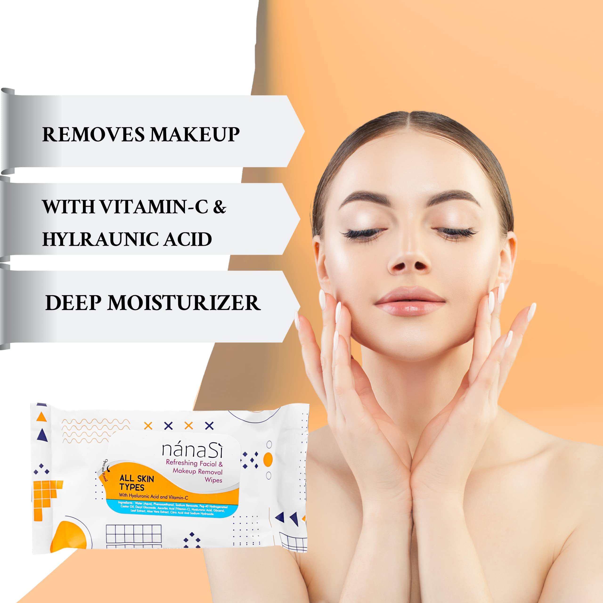 Nanasi Facial Tissue | Refreshing Wet Wipes for Men & Women | 25 Count Travel Size Pack | Orange Scent | 20cm x 50cm | Pack of 2 | Perfect for Gym, Travel & On-the-Go Freshness
