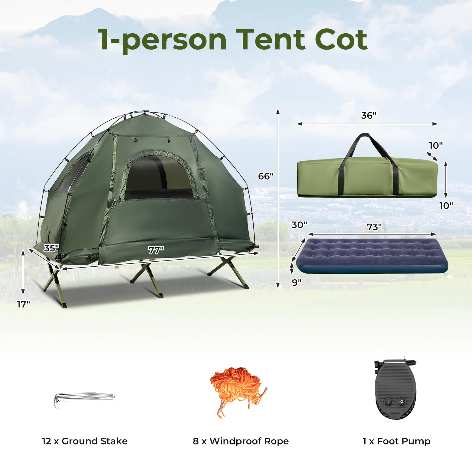 GYMAX 5-in-1 Tent Cot with Mattress & Pillows - Portable Folding Camping Bed with Sunshade, Sleeping Bags & Carrying Bag - Perfect for Outdoor Adventures, Hiking, Fishing, Picnics & Backyard Camping