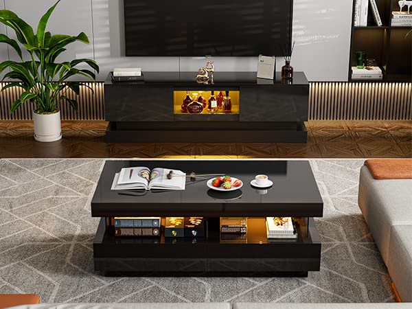 Modern Black Coffee Table with LED Lights & Storage Drawers - Living Room Centerpiece