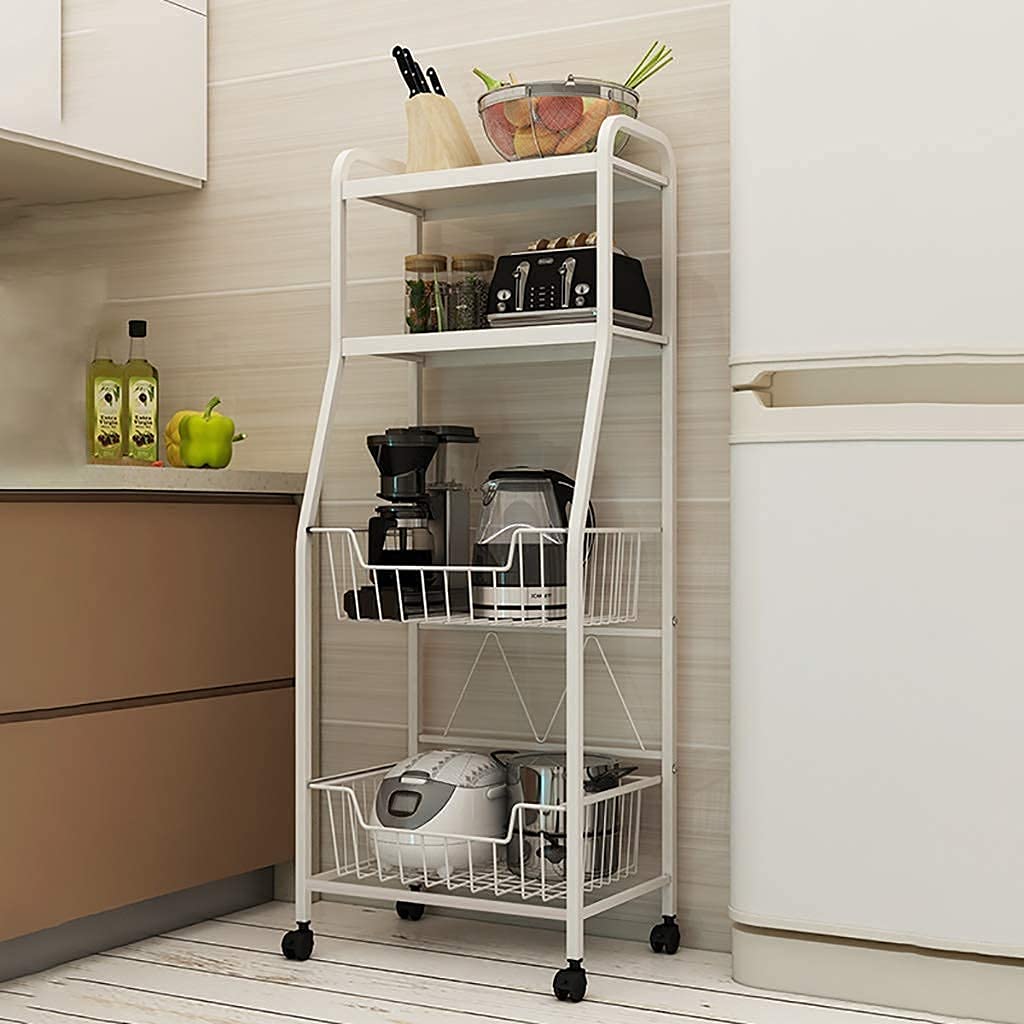 White Kitchen Bakers Rack with Wheels - Microwave Stand, Spice Storage Shelf & Rolling Cart for Utensils, Fruits, Vegetables - Perfect for Small Kitchens, Pantry Organization & Baking Needs