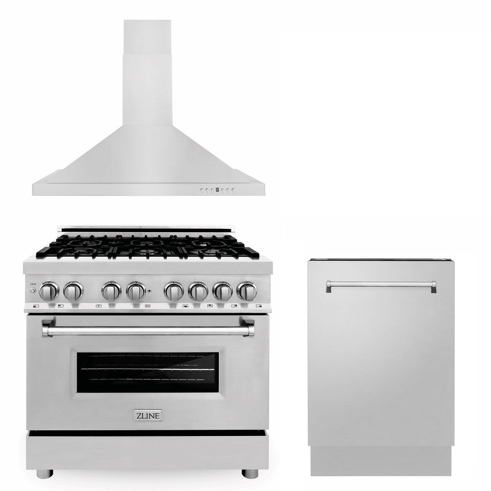 ZLINE 36 Inch Stainless Steel Dual Fuel Range Kitchen Package with Convertible Range Hood & Tall Tub Dishwasher (3KP RARH36 DWV) - Perfect for Modern Kitchens, Home Renovations & Chef-Inspired Cooking Spaces