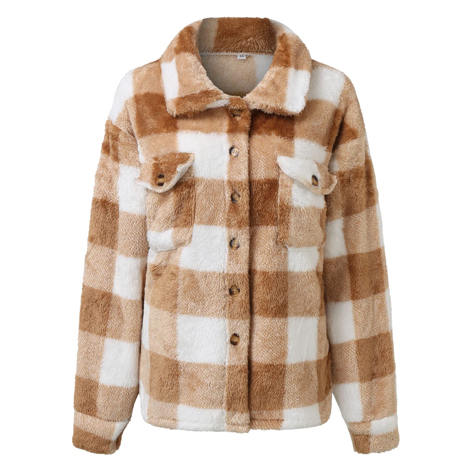 Women's Fashion Plaid Shirt Jacket - Single Breasted Lapel Coat for Autumn & Winter - Loose Fit Plush Outerwear for Casual & Office Wear