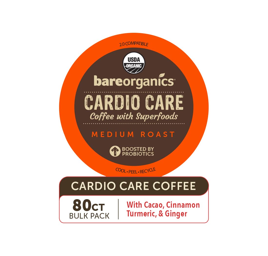Bare Organics 15947 Cardio Care USDA Organic Coffee Pods - Keurig K-Cup Compatible, Superfood & Probiotic Infused, Vegan, Gluten Free (80 Count Bulk Pack) - Perfect for Heart Health & Morning Energy Boost